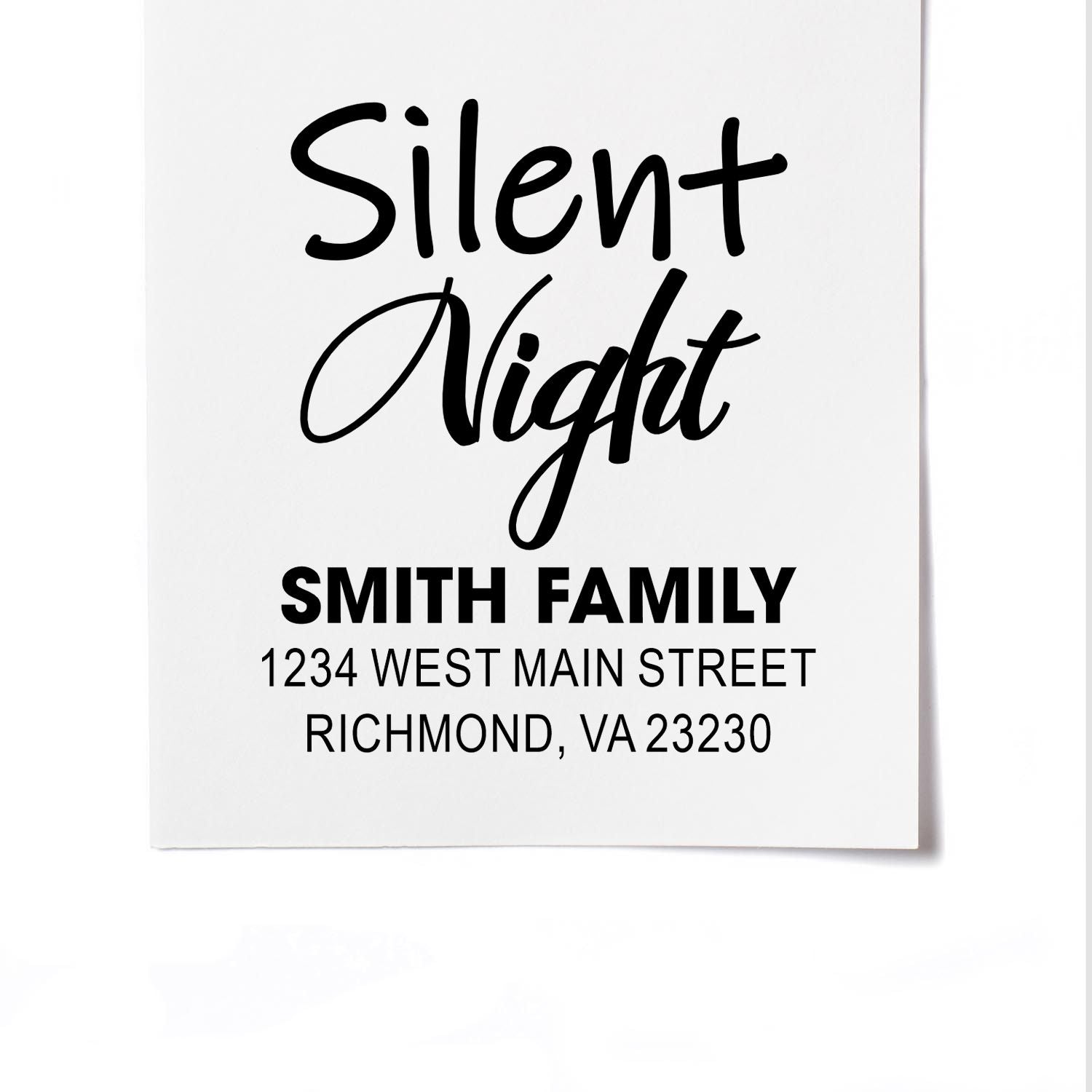 Custom Silent Night rubber stamp with Smith family return address for holiday cards and Christmas mailings.