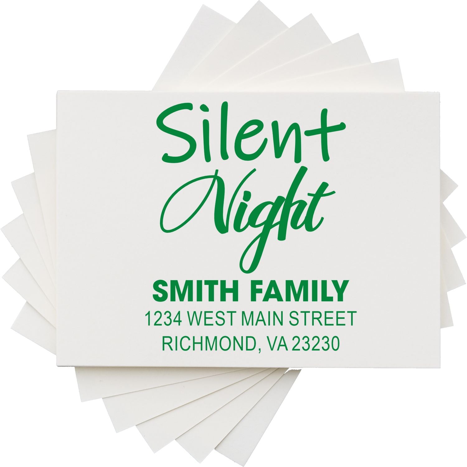 Custom Silent Night holiday return address rubber stamp with Smith family name and Richmond, VA address.