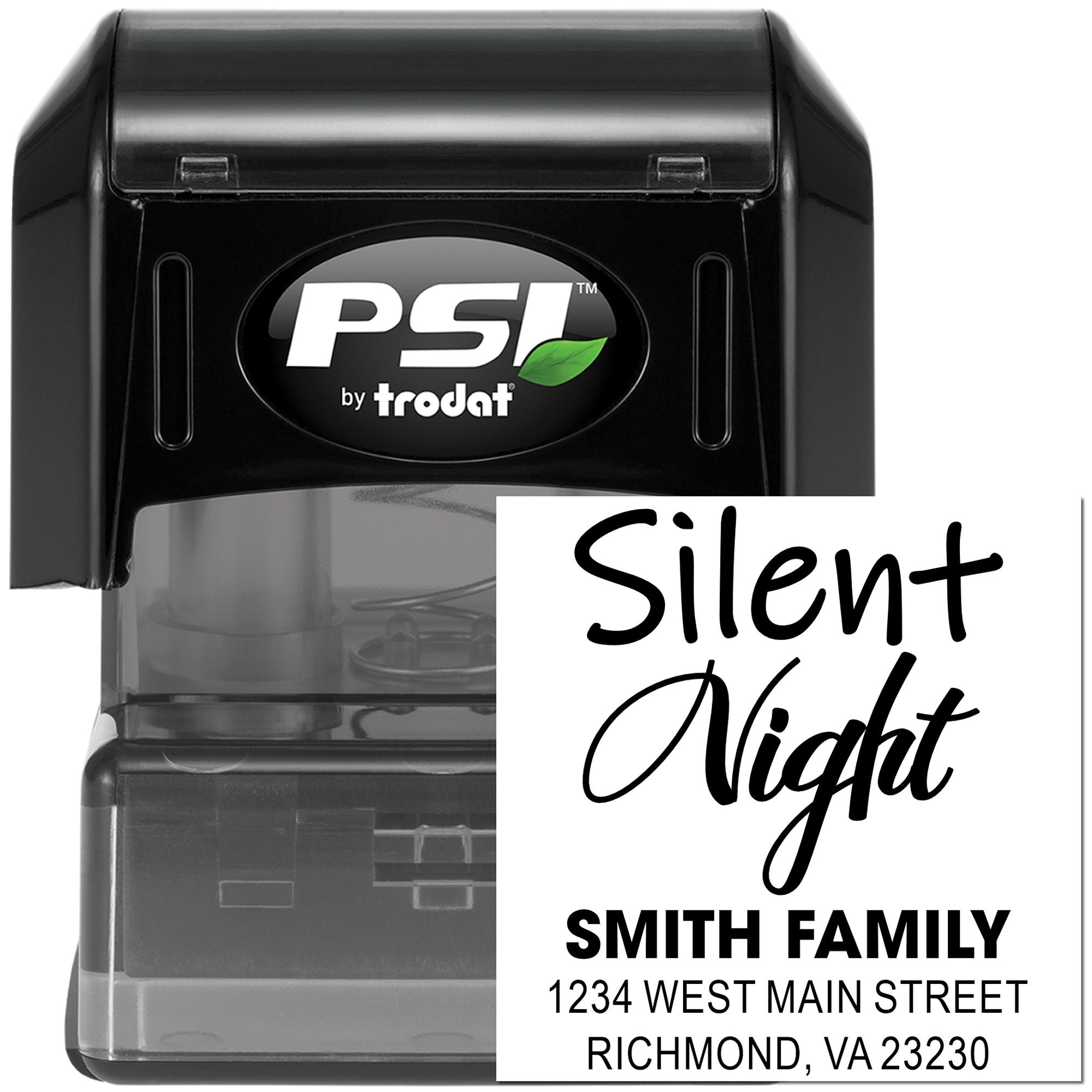 PSI by Trodat self-inking rubber stamp with custom Silent Night design and Smith Family return address imprint