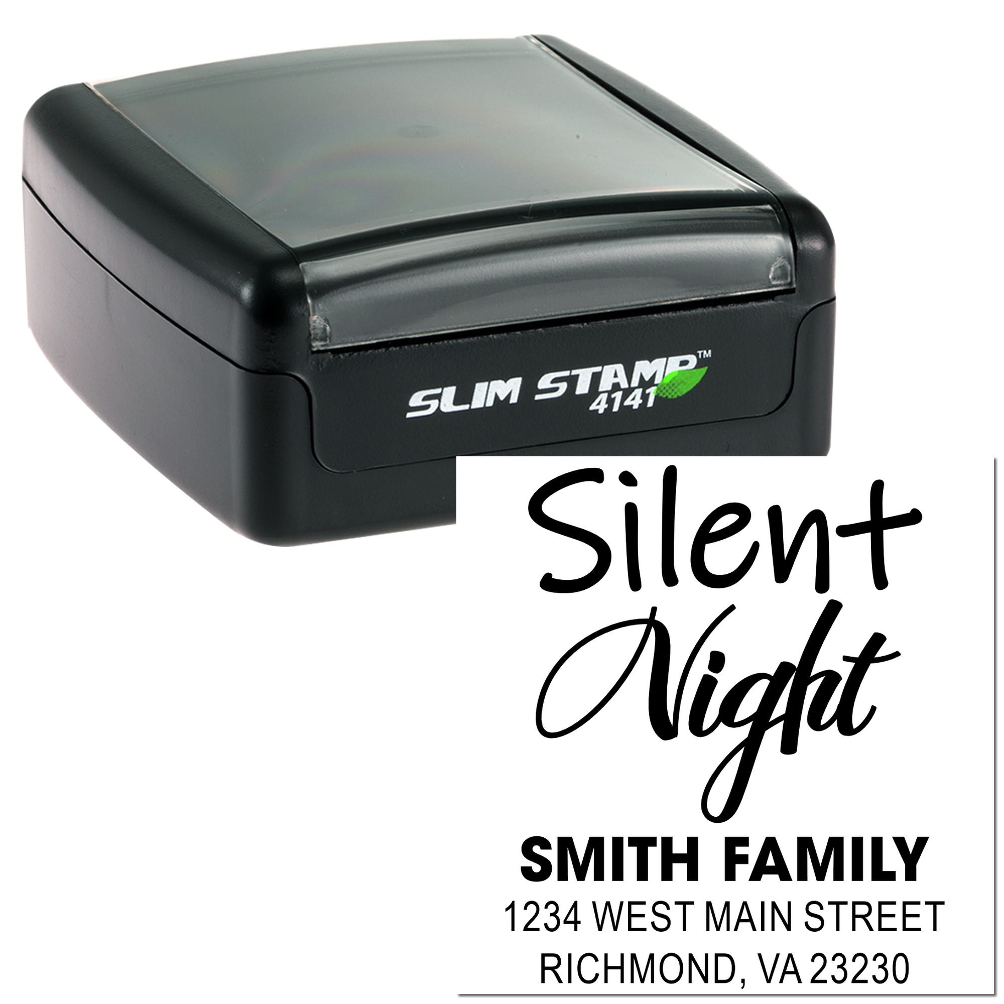 Custom self-inking rubber address stamp with Silent Night family return address for holiday cards and envelopes.