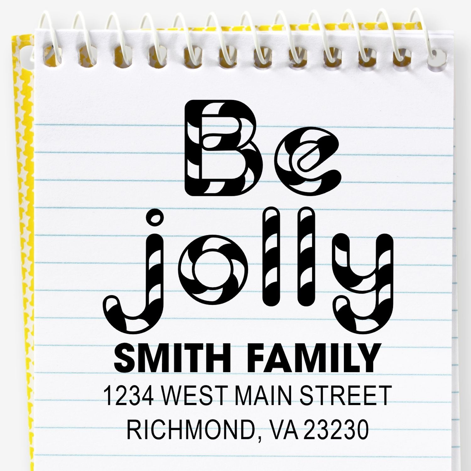 Custom return address rubber stamp for Smith Family, Richmond, VA 23230 with decorative Be Jolly design.