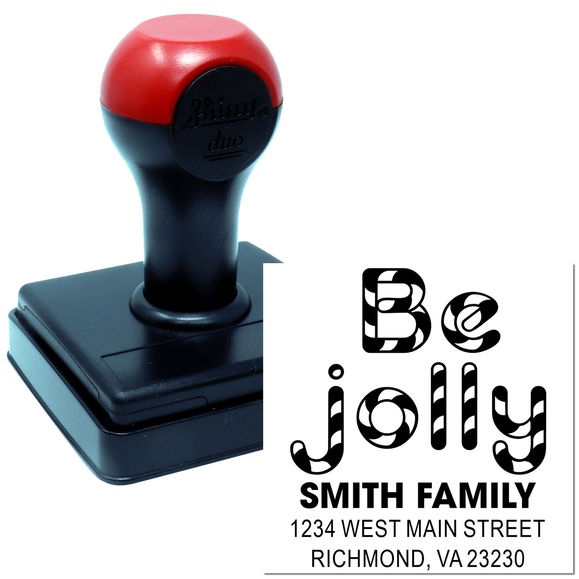 Custom self-inking rubber stamp with Be Jolly family address design for holiday cards, return mail, and personalized stationery.