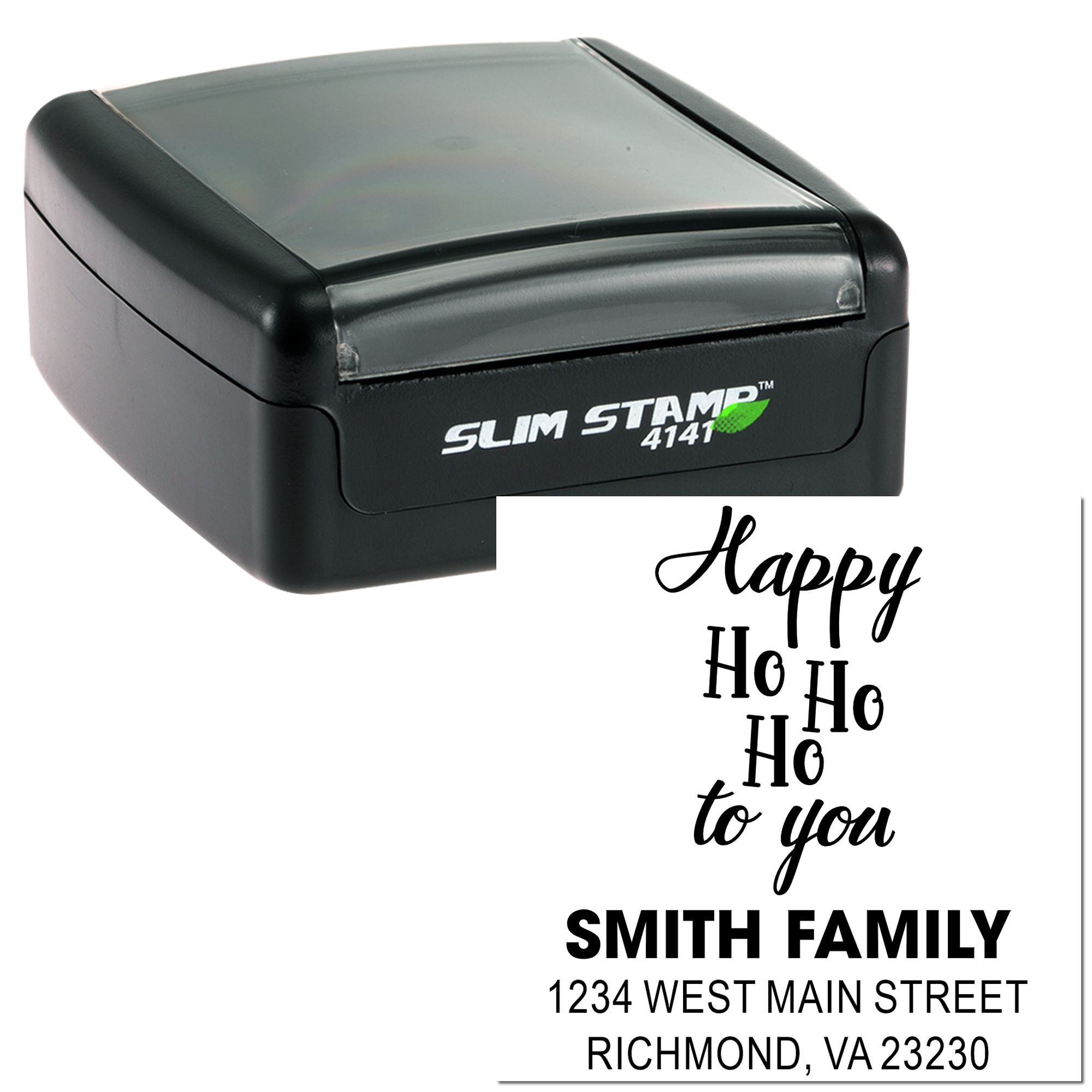 Self-inking Slim Stamp 4141 custom rubber stamp with holiday return address design for Smith Family, Richmond, VA.