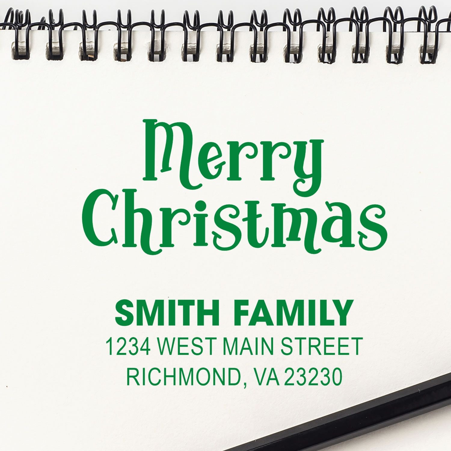 Personalized Merry Christmas address rubber stamp for Smith family, featuring a holiday greeting and Richmond, VA return address.