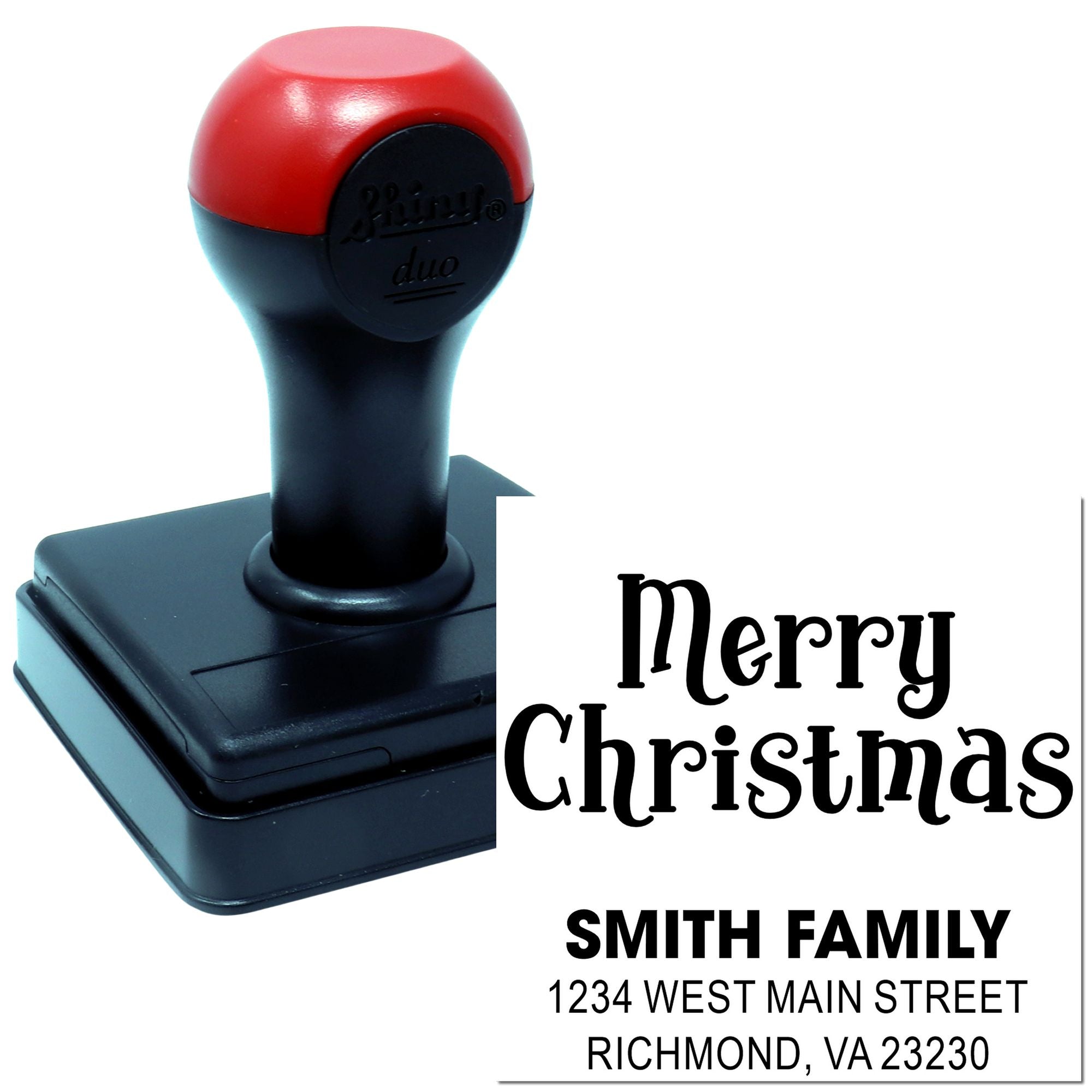 Self-inking custom rubber stamp with Merry Christmas return address for Smith family holiday cards.
