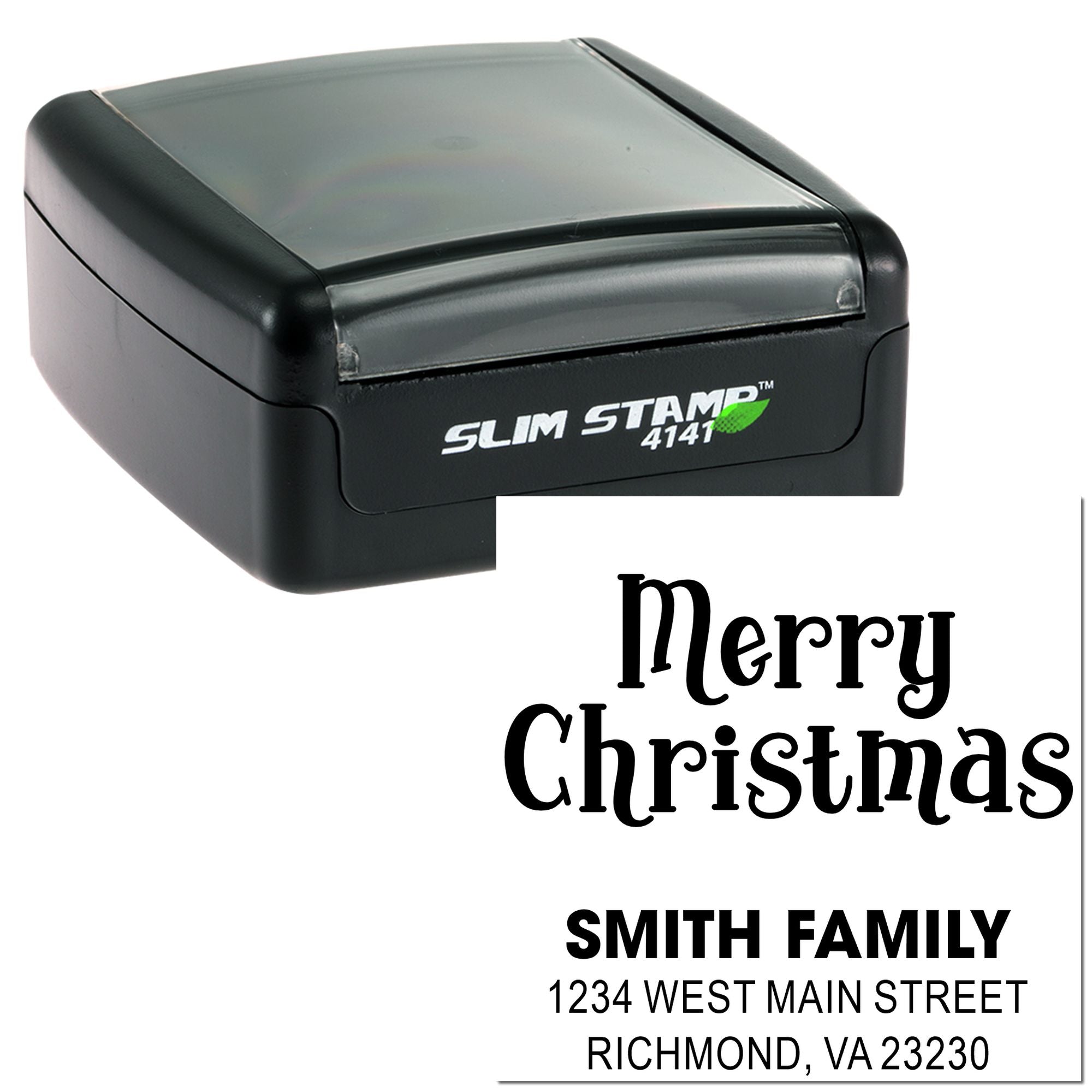 Custom self-inking rubber stamp for holiday mail, featuring Merry Christmas and Smith Family return address imprint