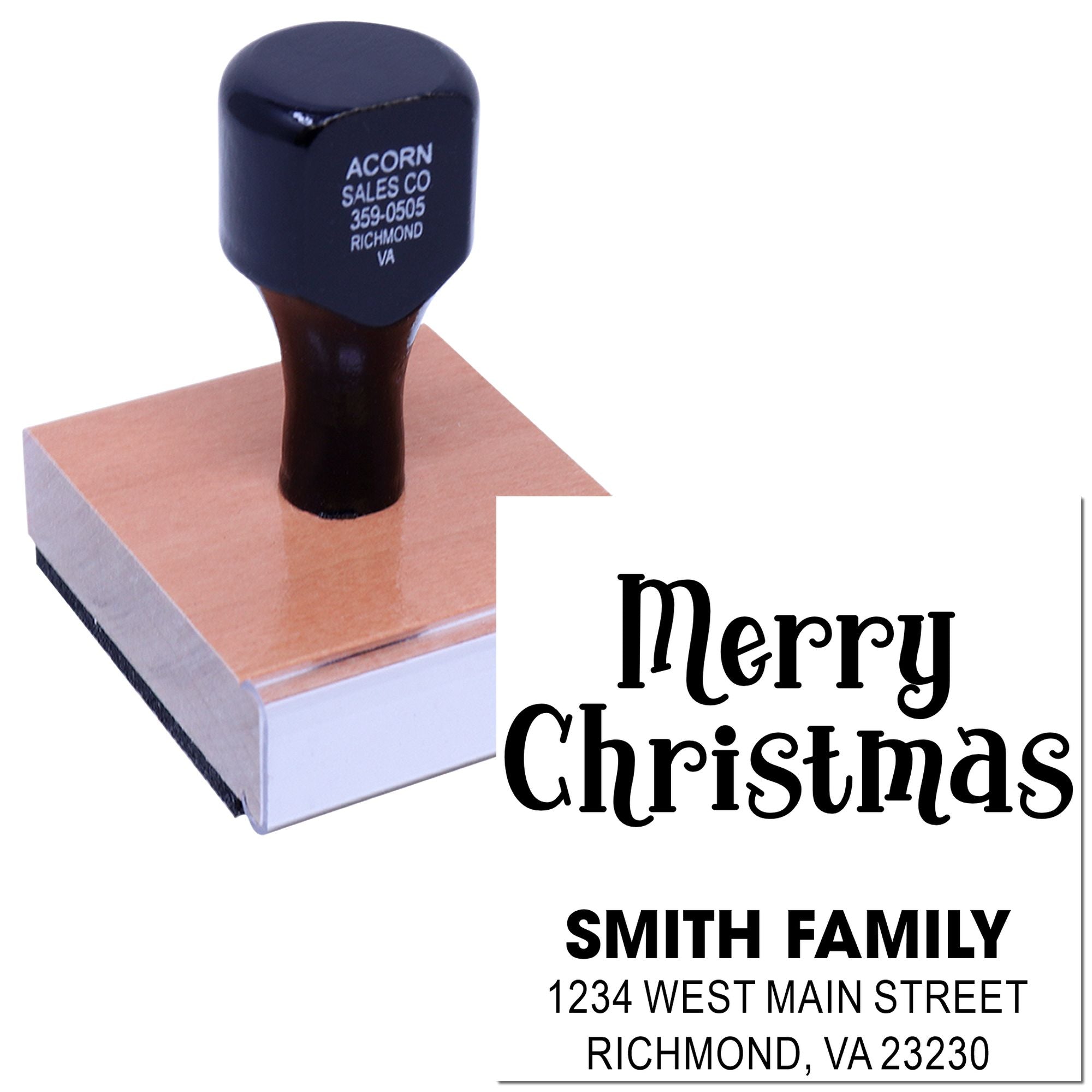 Custom Christmas address rubber stamp with Merry Christmas greeting for personalized holiday cards and mailings.