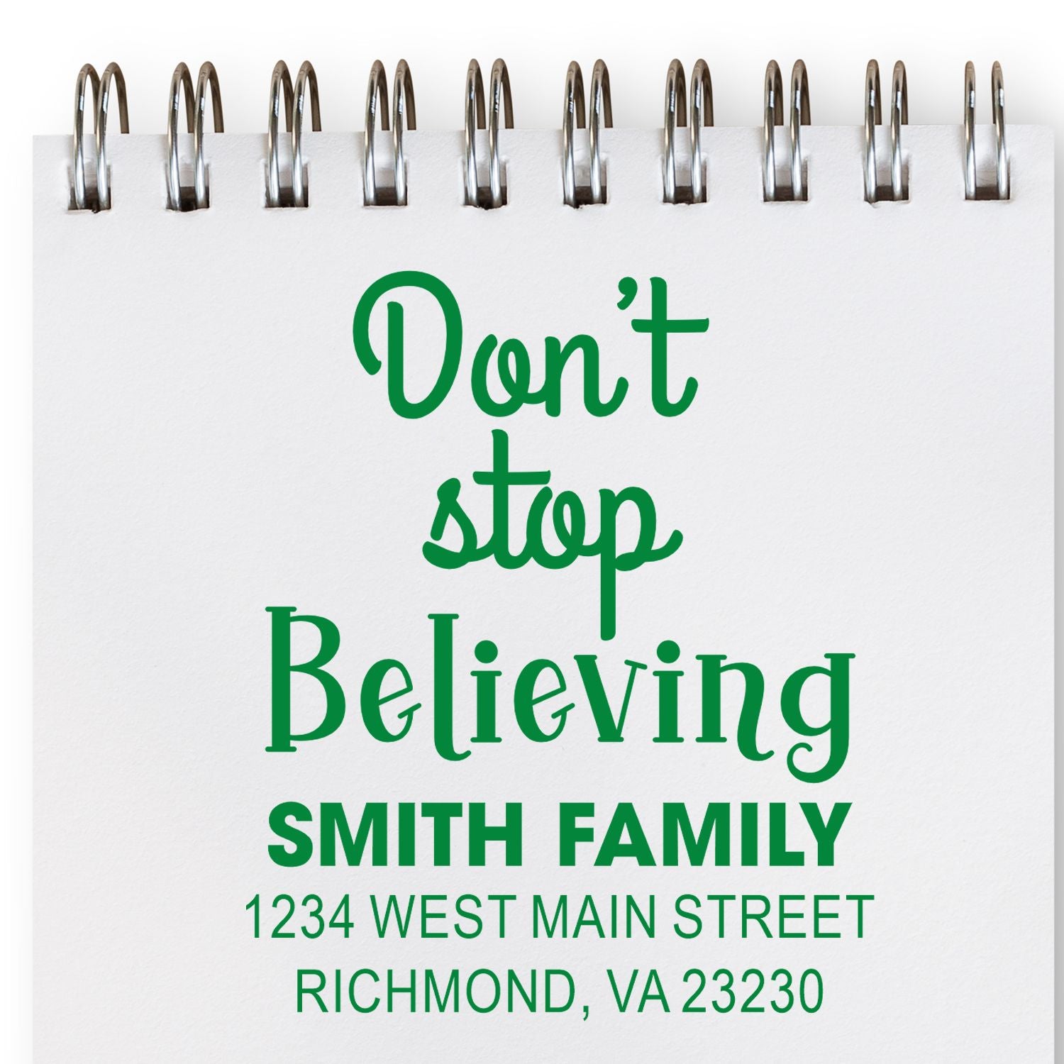 Custom rubber address stamp design for Smith Family featuring Dont Stop Believing and Richmond, VA address.