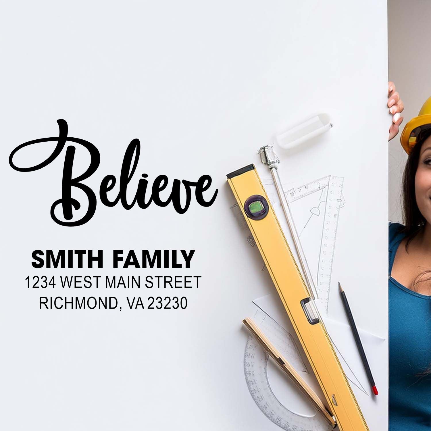 Custom rubber stamp with Believe and Smith family return address for personalized mailing and inspirational branding.