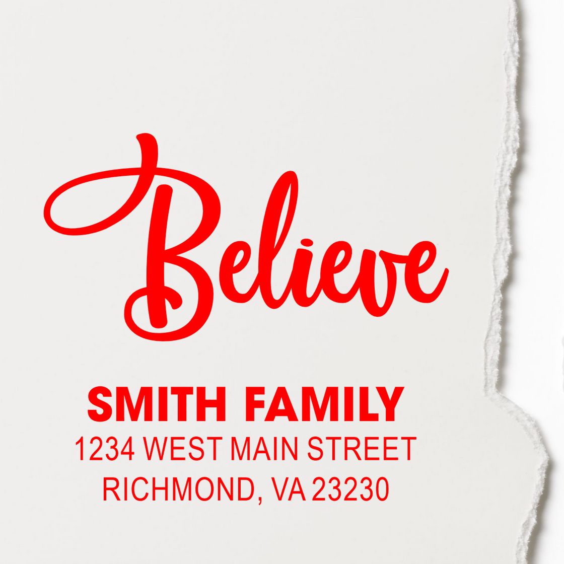 Custom Believe return address rubber stamp with Smith family mailing address, ideal for personalized holiday cards.