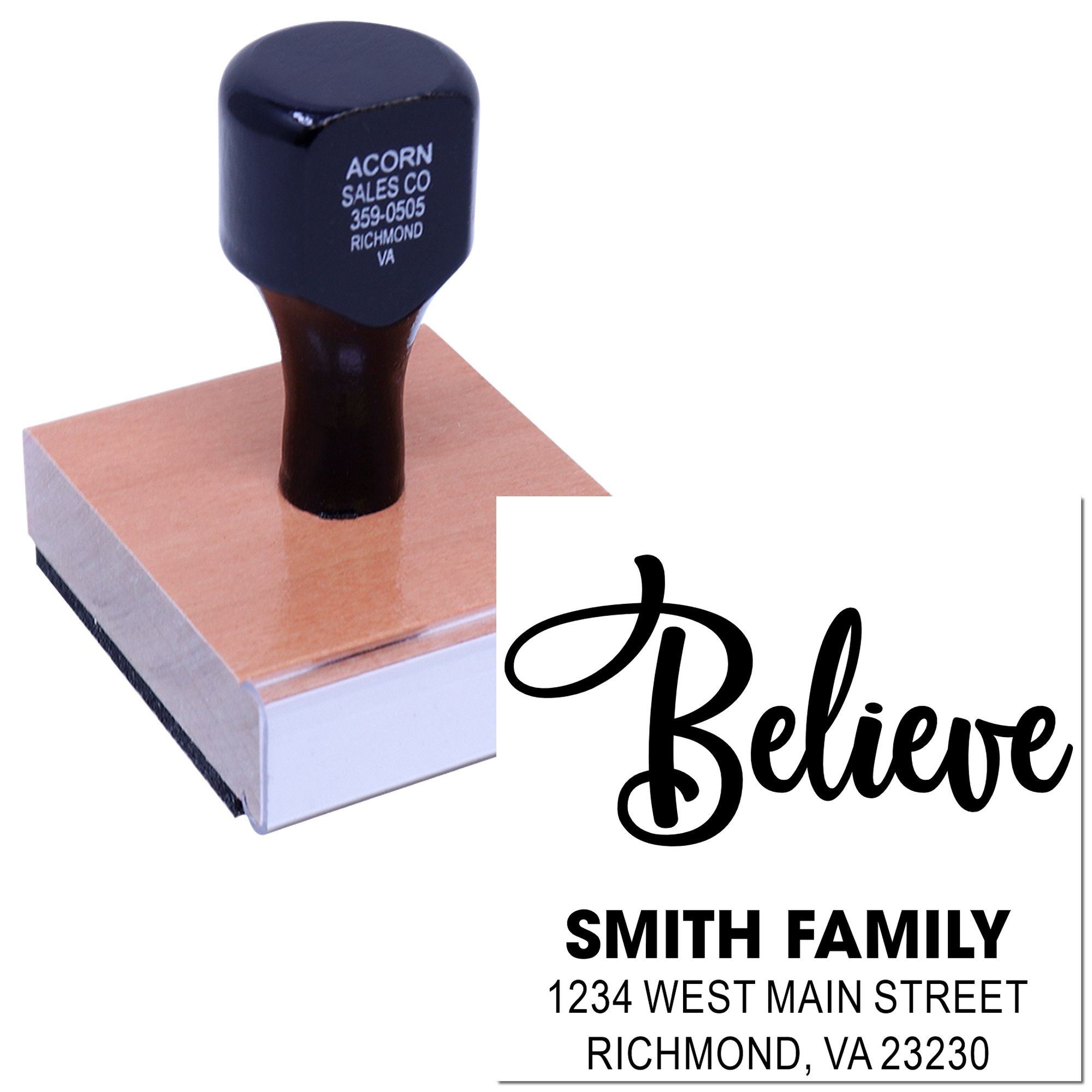 Personalized rubber stamp with Believe script and Smith Family return address for custom wedding or home mailing