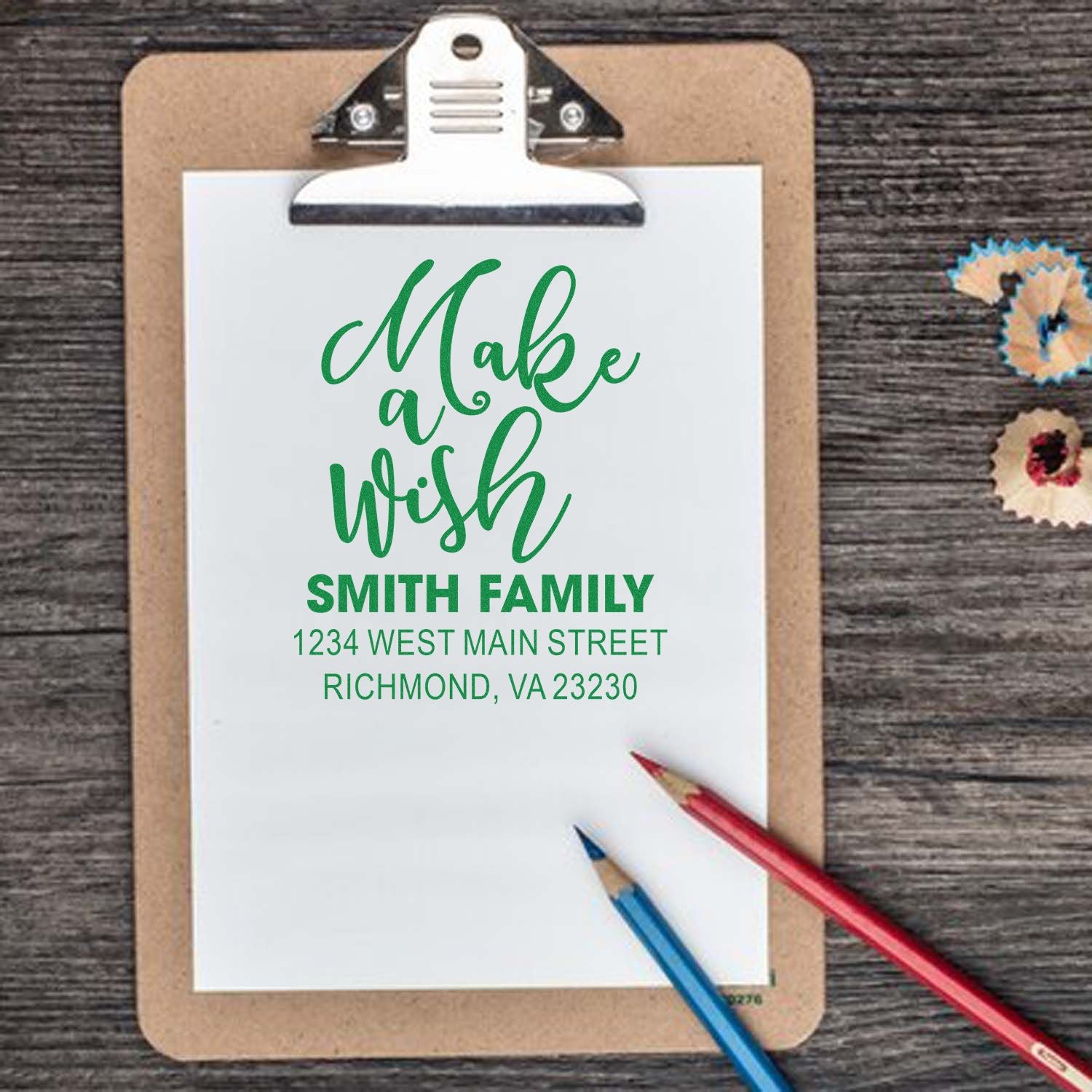 Custom family return address rubber stamp with Make a Wish script for Smith family mail and wedding stationery.