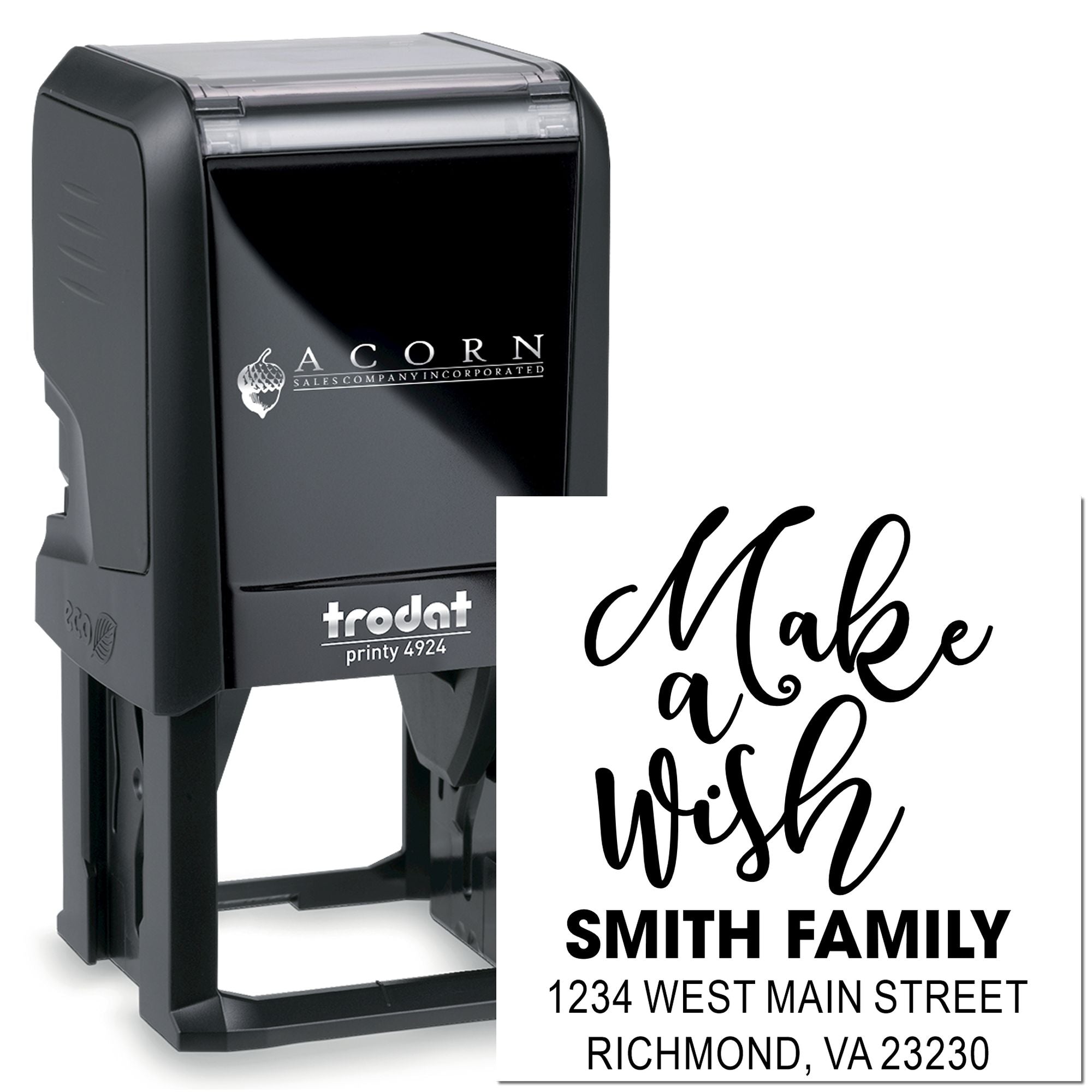 Custom self-inking rubber address stamp with Make a Wish Smith Family return address design for personalized mailings.