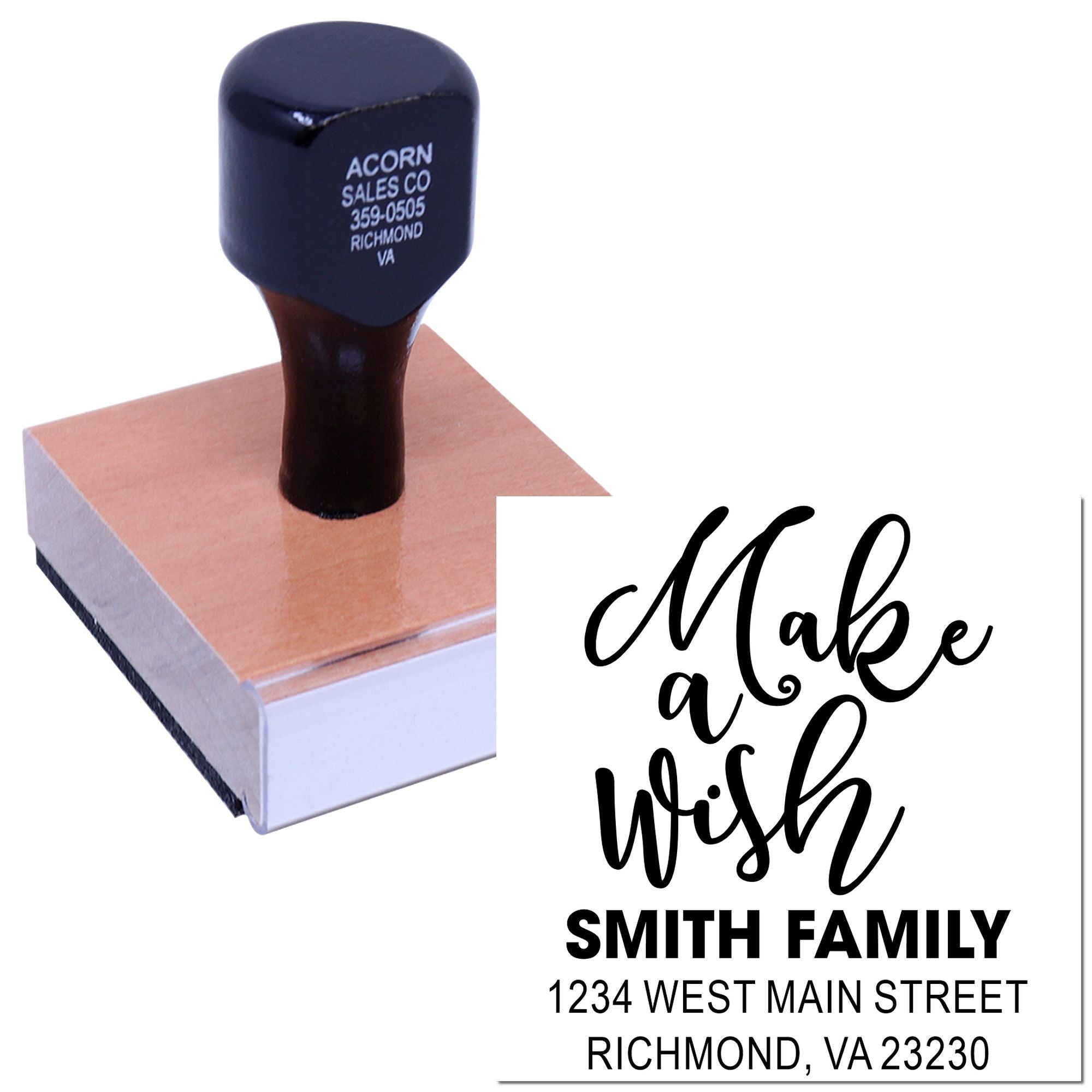 Custom rubber stamp with Make a Wish design and Smith Family address for personalized mailing and craft projects