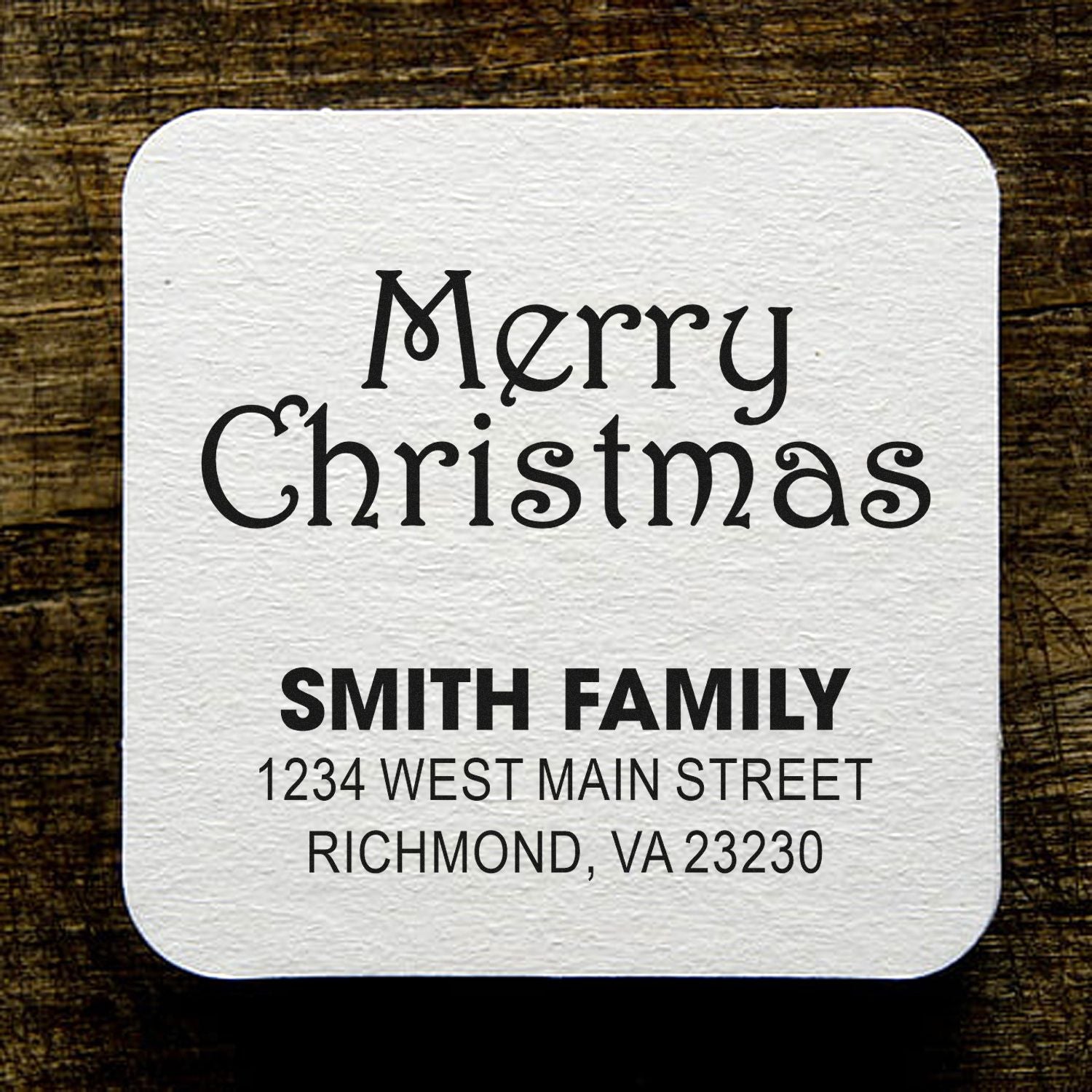 Custom Merry Christmas address rubber stamp for Smith Family holiday cards, Richmond, VA return address imprint.