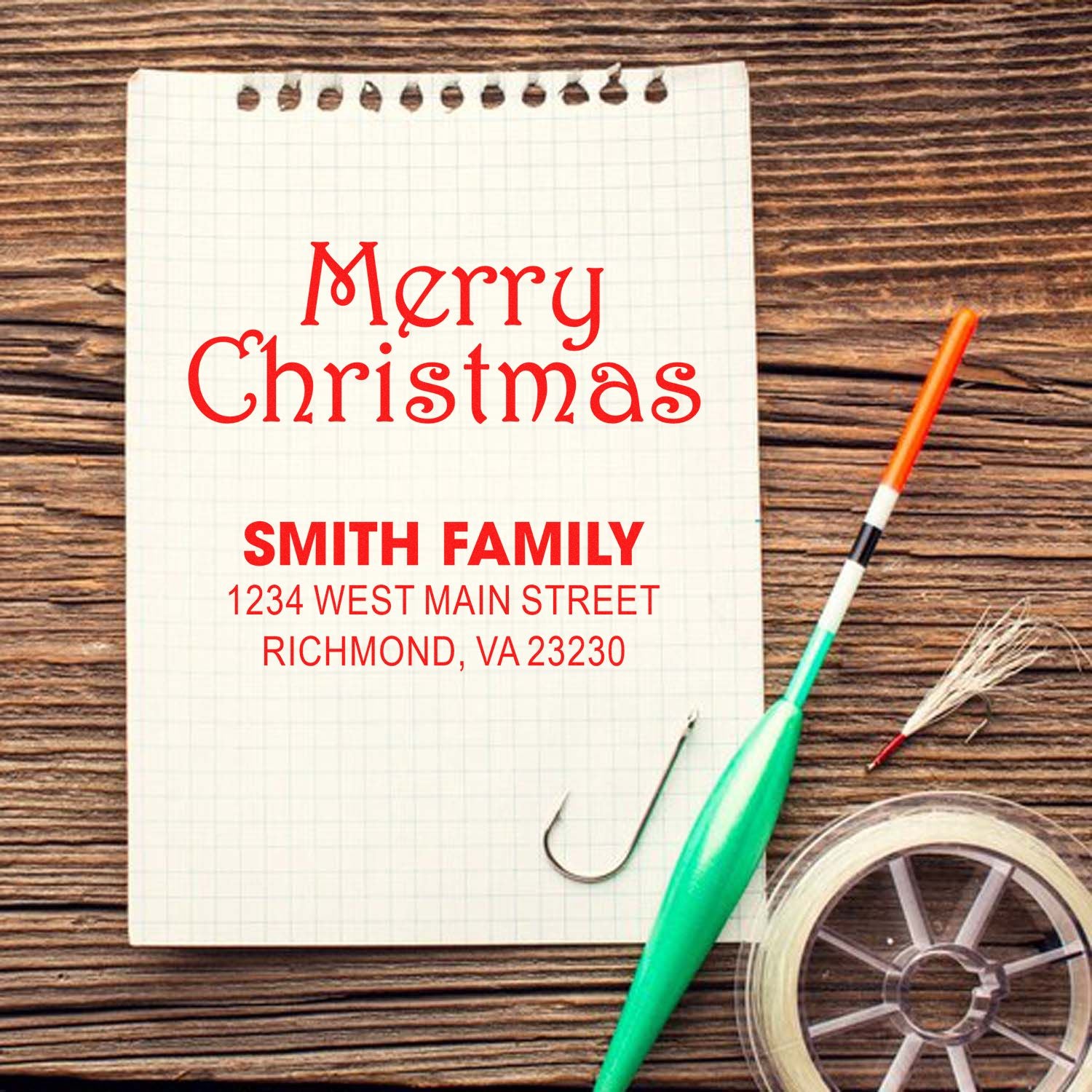 Personalized Merry Christmas return address rubber stamp for Smith Family holiday stationery and card making mockup