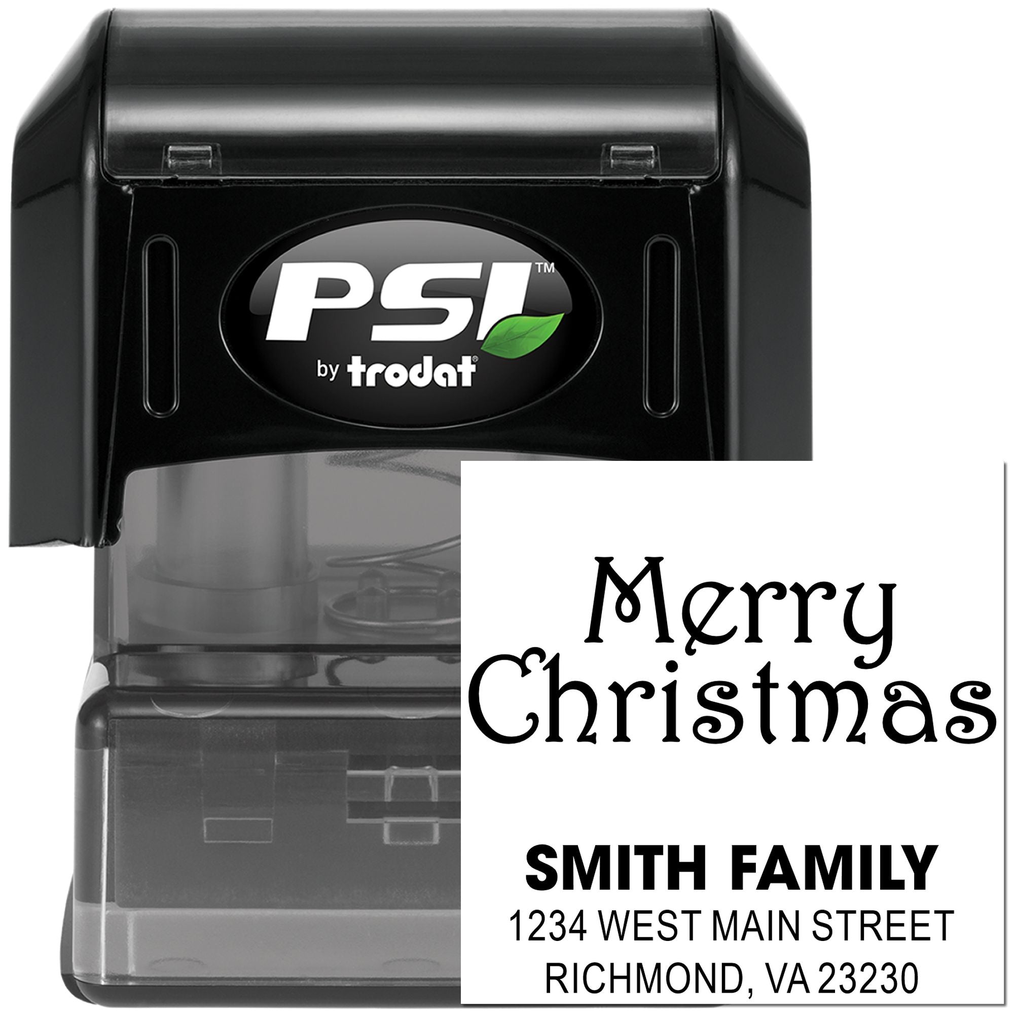 Custom self-inking PSI by Trodat rubber stamp with Merry Christmas and Smith Family address for holiday cards
