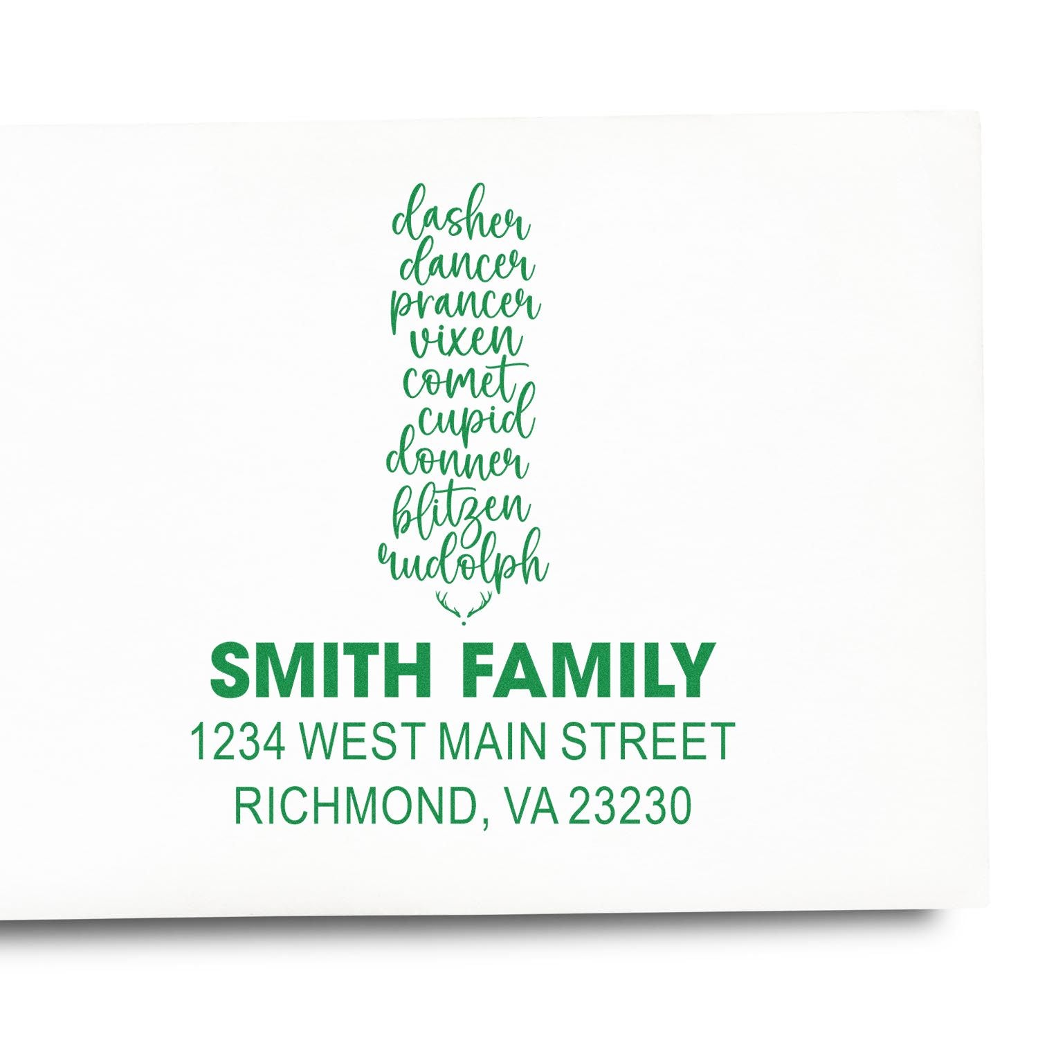 Custom Christmas address rubber stamp with holiday tree design, Smith Family name, and Richmond, VA return address.