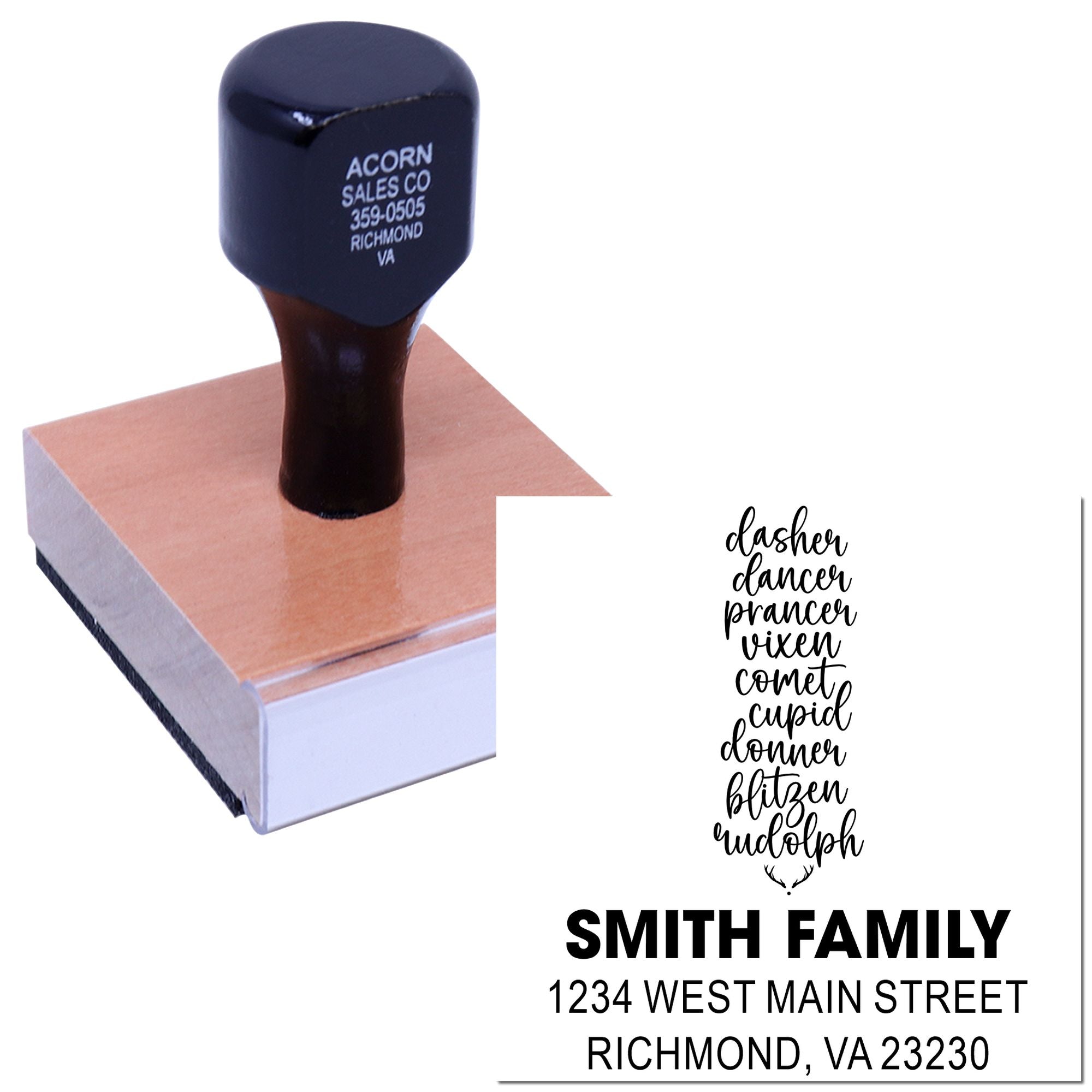 Custom family return address rubber stamp with Smith Family name and Richmond, VA address for mailing and packaging.