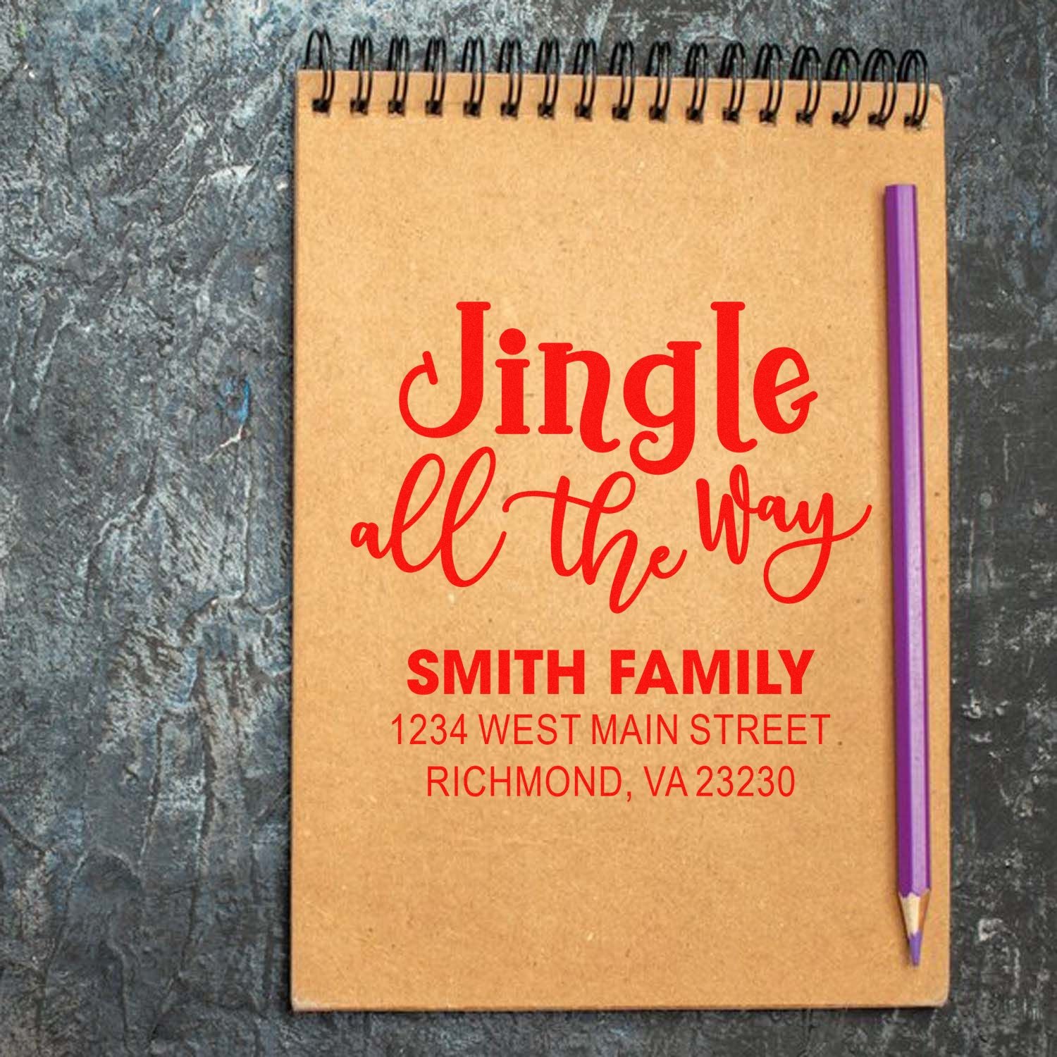 Personalized Christmas rubber stamp design with Jingle All the Way and Smith Family return address.
