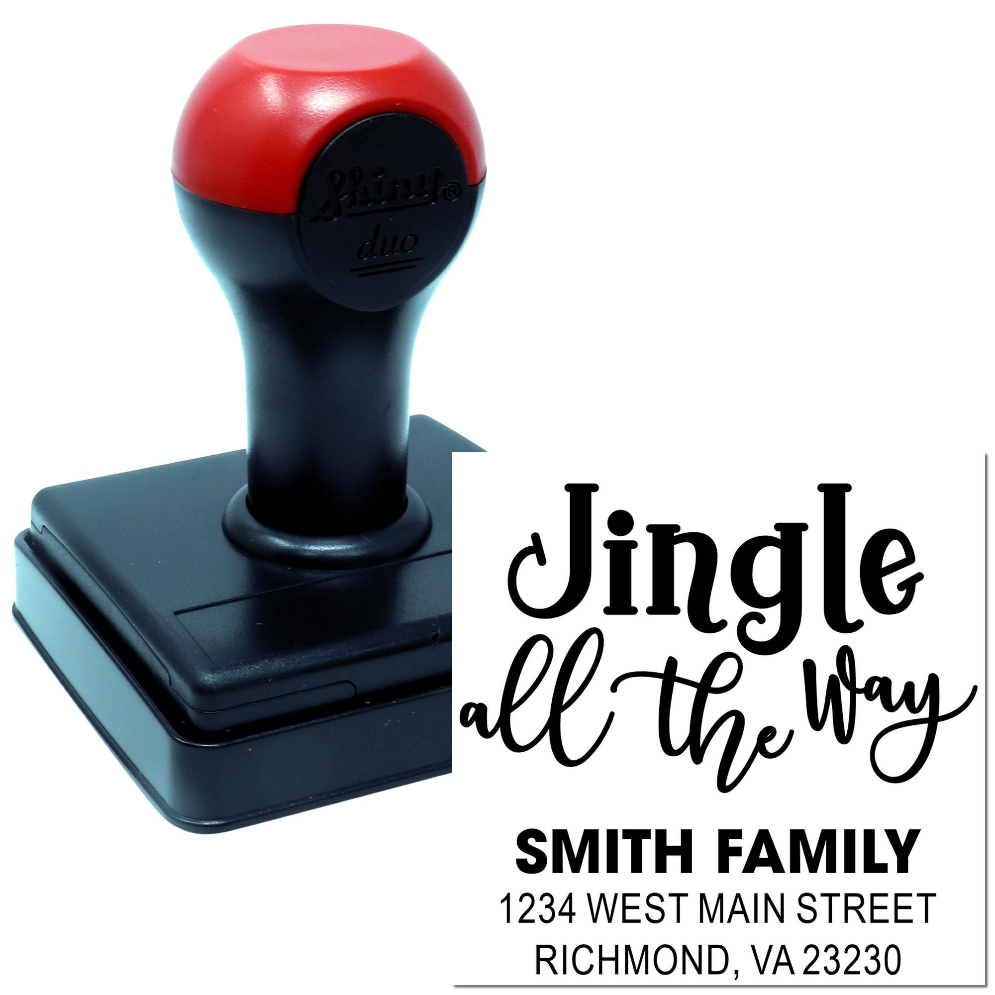 Custom self-inking return address rubber stamp with holiday Jingle all the Way family name design.