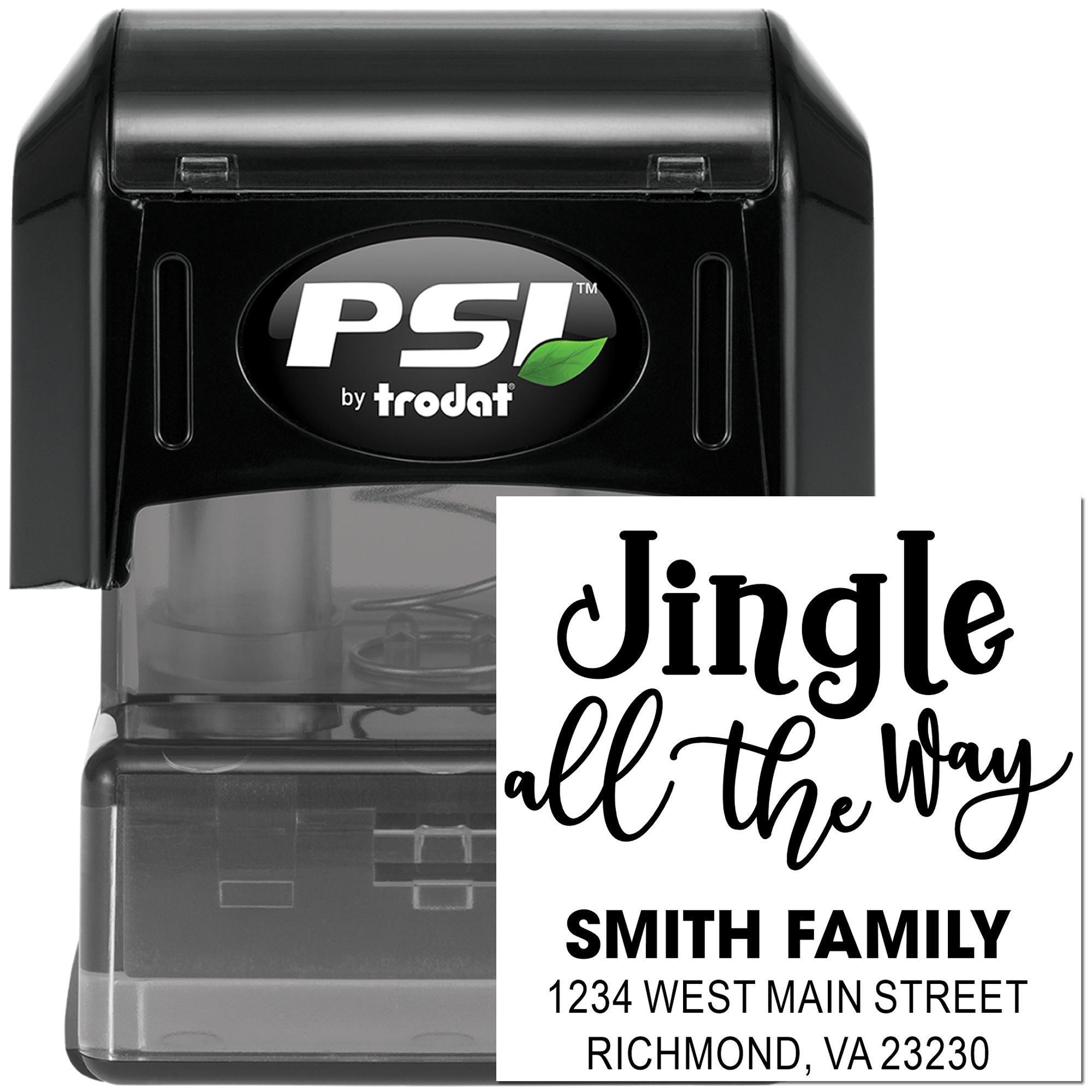 PSI by Trodat self-inking custom address rubber stamp with holiday Jingle all the Way family return address imprint.