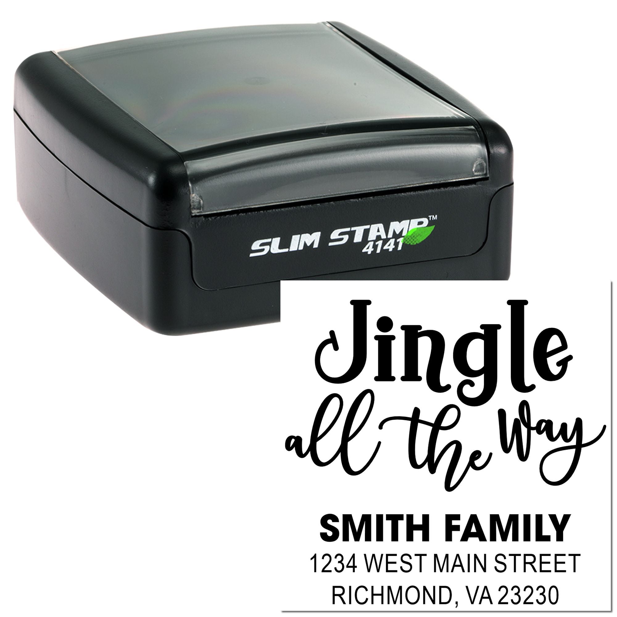 Slim Stamp 4141 self-inking custom address rubber stamp with family name and return address imprint.