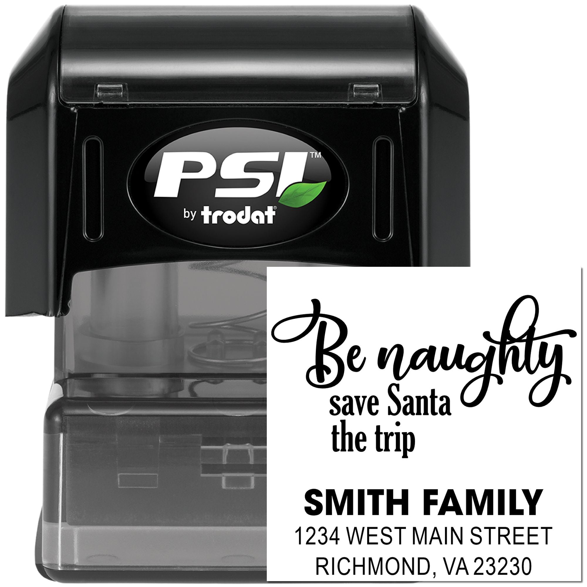 Custom holiday address rubber stamp with Be naughty, save Santa the trip and Smith family return address.