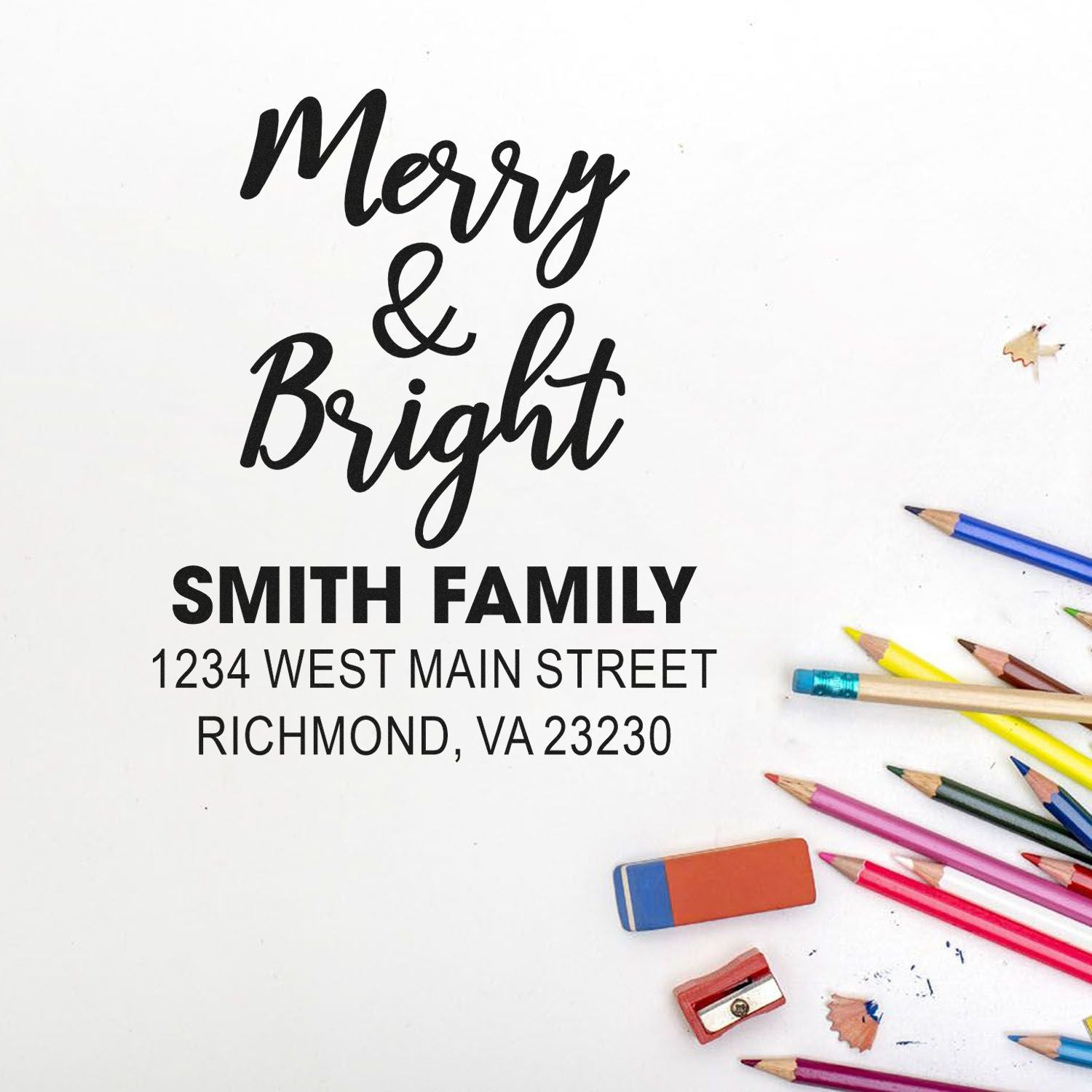 Custom Merry & Bright return address rubber stamp for Smith Family holiday cards and seasonal mailings.