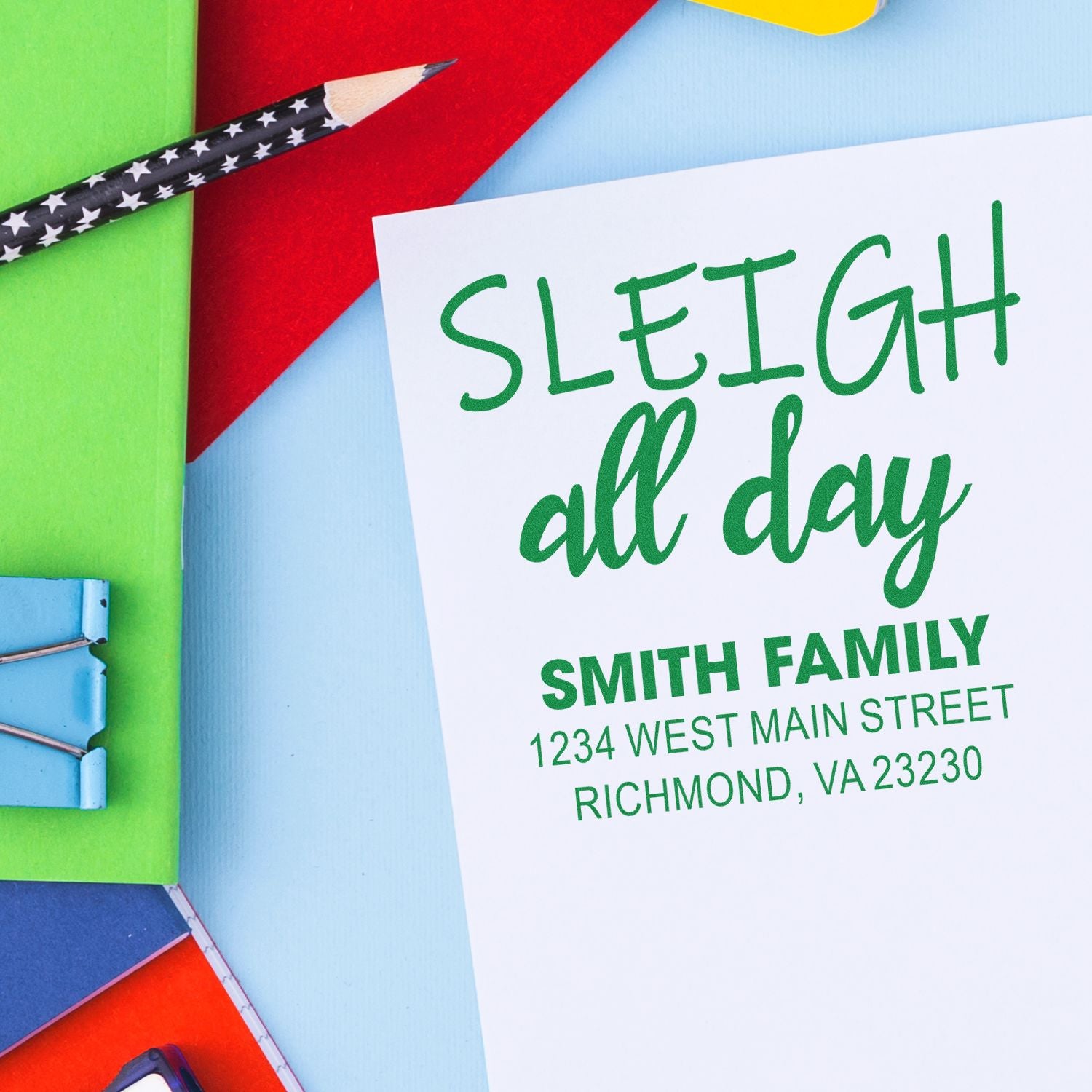 Custom holiday rubber stamp for Christmas cards with Sleigh all day and Smith family return address.