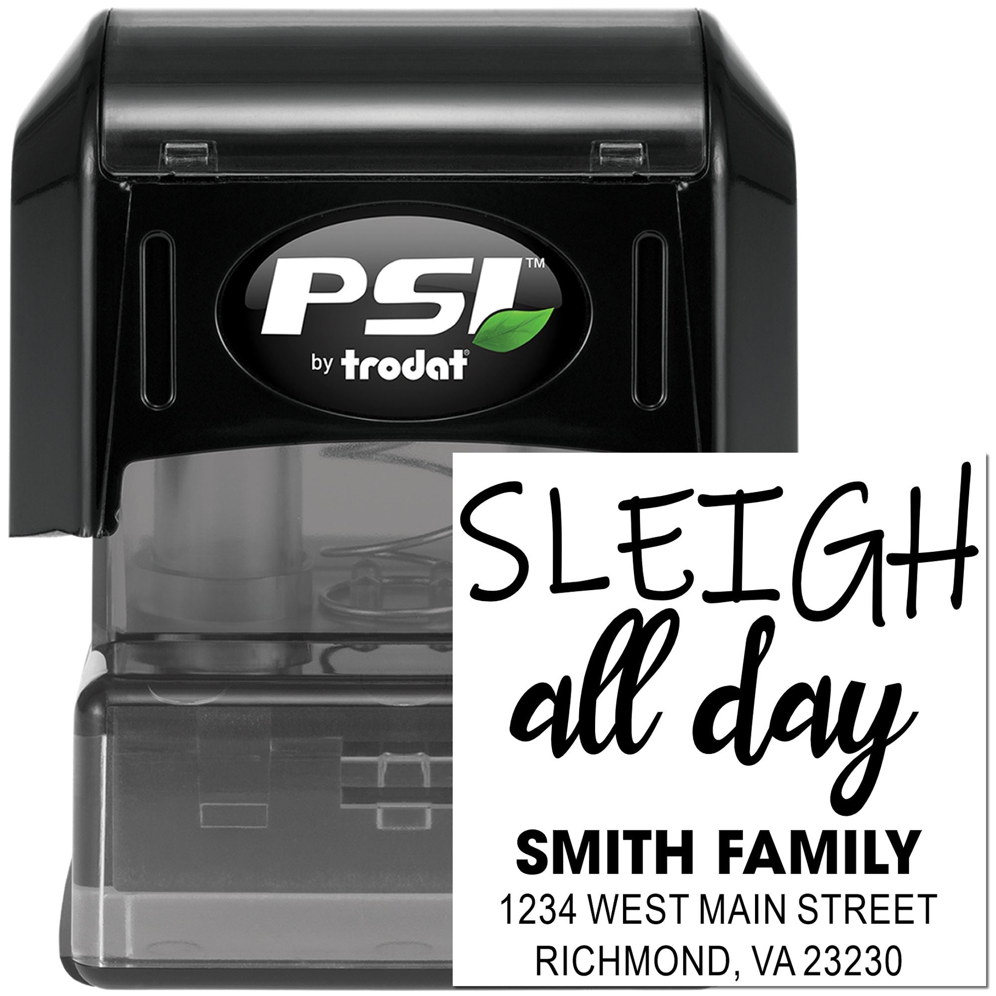 Custom self-inking rubber address stamp with Sleigh All Day holiday design and Smith family return address.