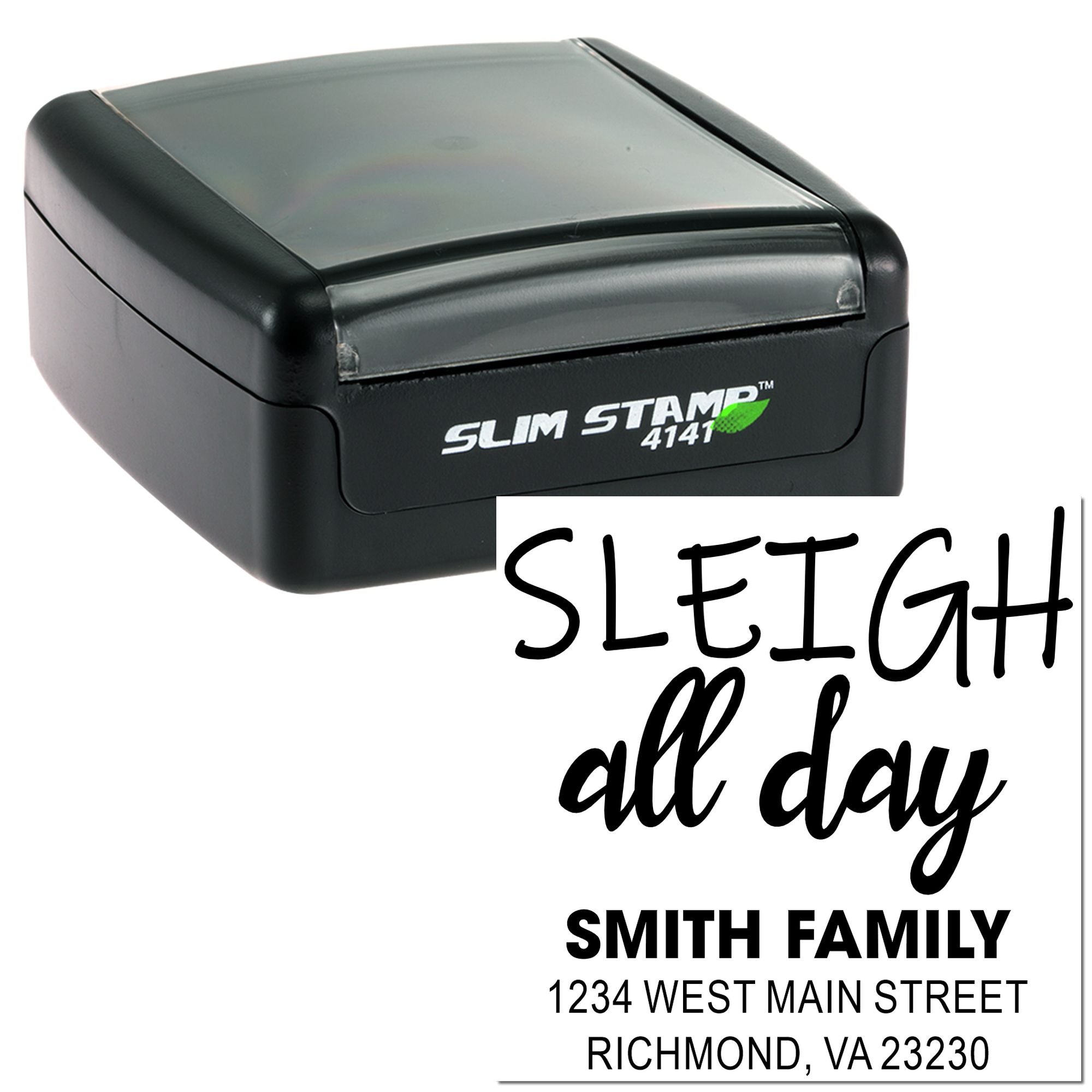 Custom self-inking rubber address stamp with sleek slim design and sample family return address imprint for everyday mailing use