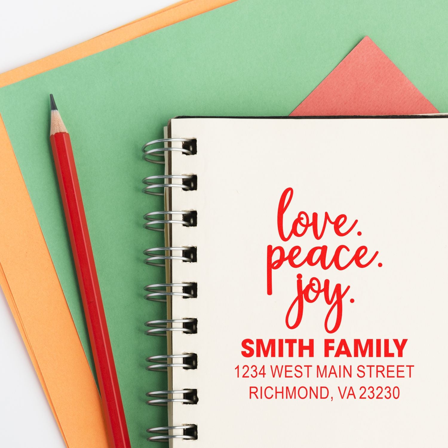 Custom family return address rubber stamp with love, peace, joy design for Smith Family, Richmond, VA.