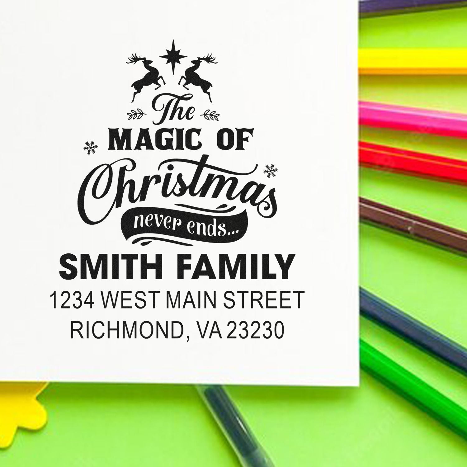 Custom Christmas address rubber stamp for Smith Family, with The Magic of Christmas never ends holiday return address design.
