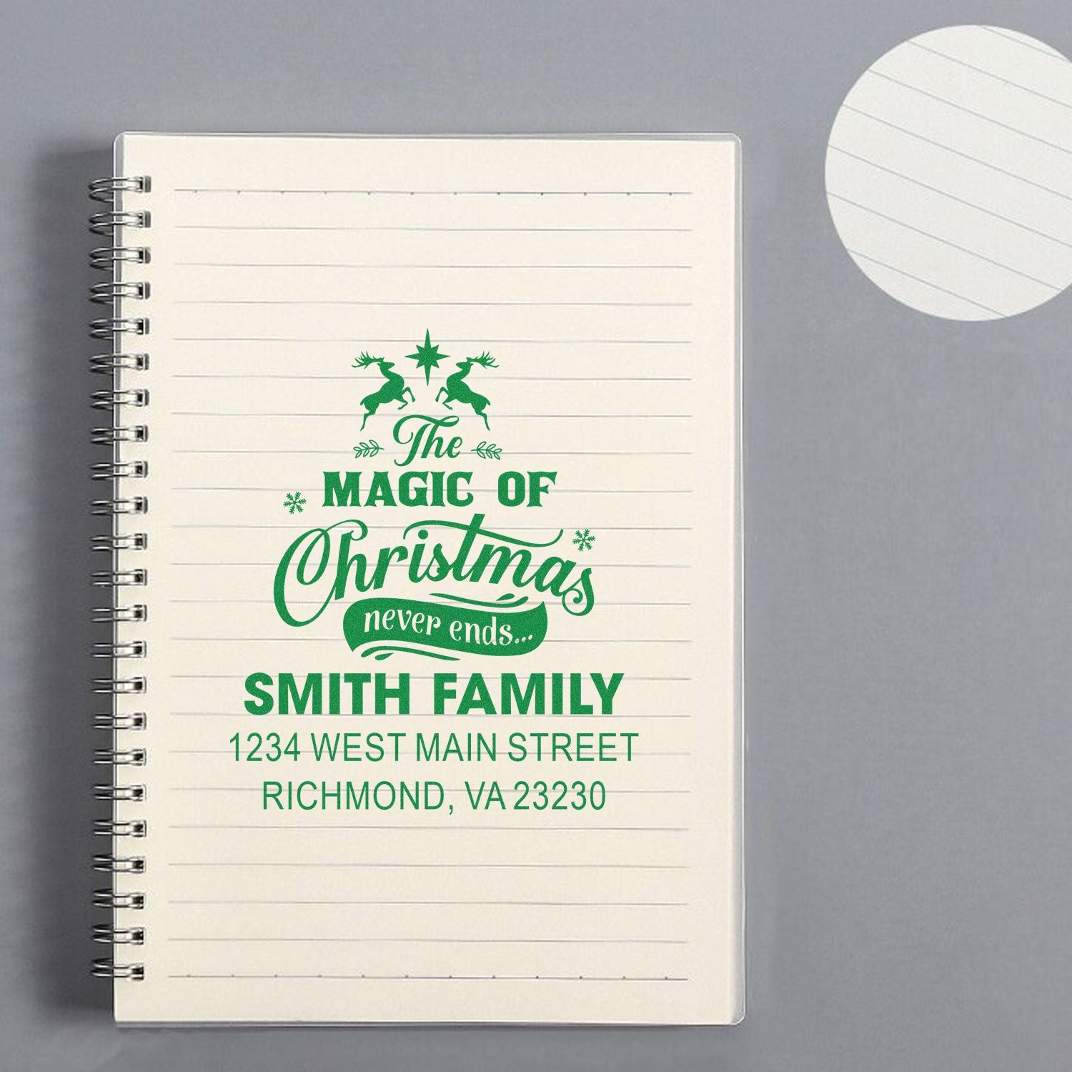 Custom Christmas return address rubber stamp with The Magic of Christmas Never Ends for Smith Family holiday stationery.