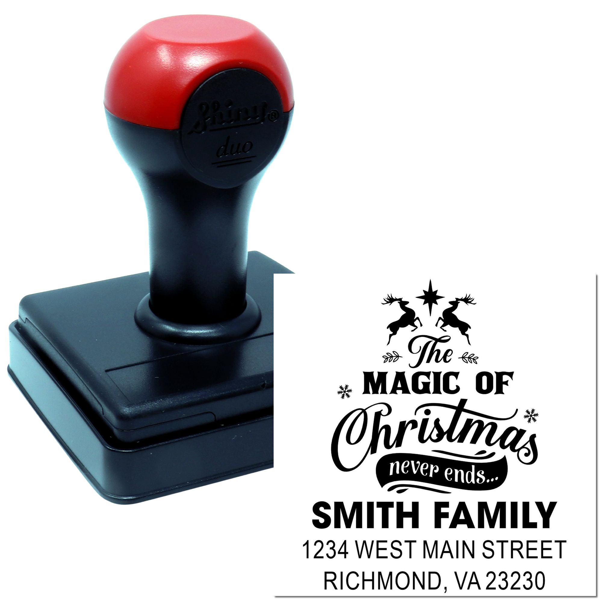 Personalized self-inking rubber stamp with Christmas family address design, featuring The Magic of Christmas never ends text.