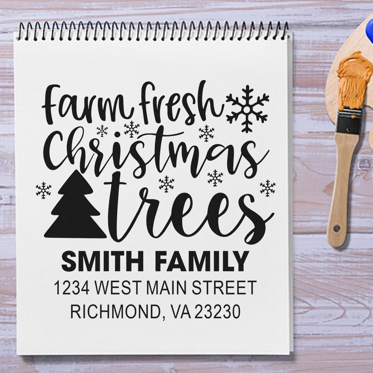 Personalized rubber stamp with Farm Fresh Christmas Trees design, Smith Family name, and address for holiday mail and packaging.