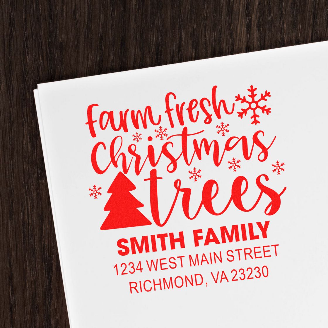 Custom rubber stamp for holiday cards with Farm Fresh Christmas Trees design, Smith family name, and return address.
