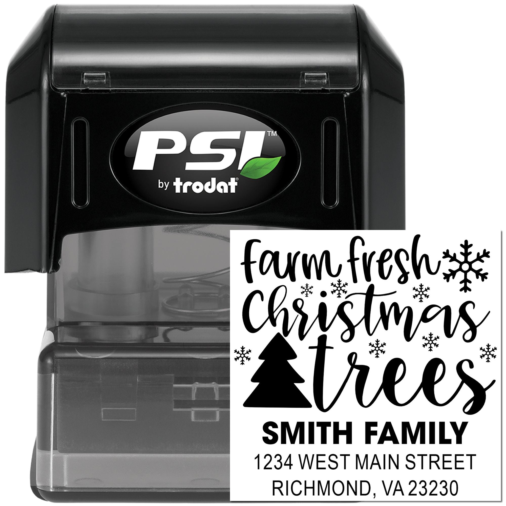 Custom self-inking rubber stamp with Farm Fresh Christmas Trees design and Smith family return address