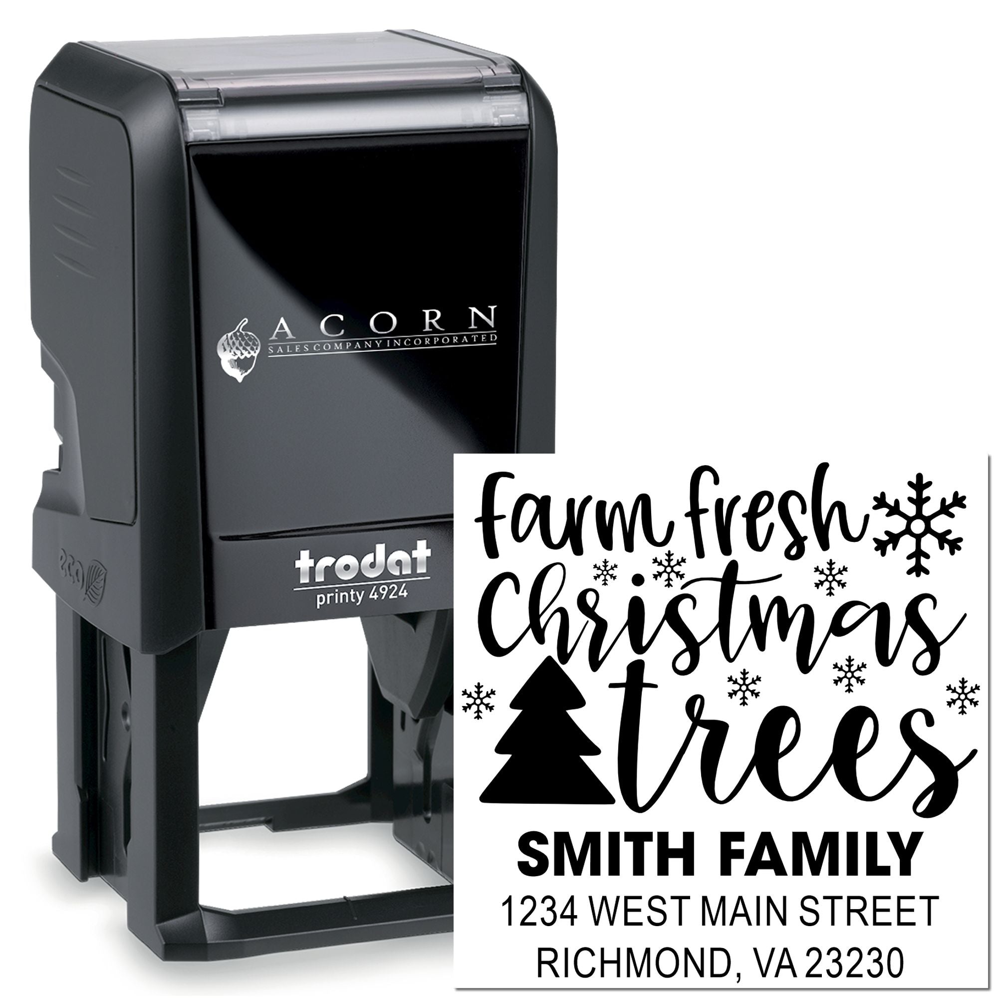Custom self-inking rubber stamp with Farm Fresh Christmas Trees holiday return address design for Smith Family.