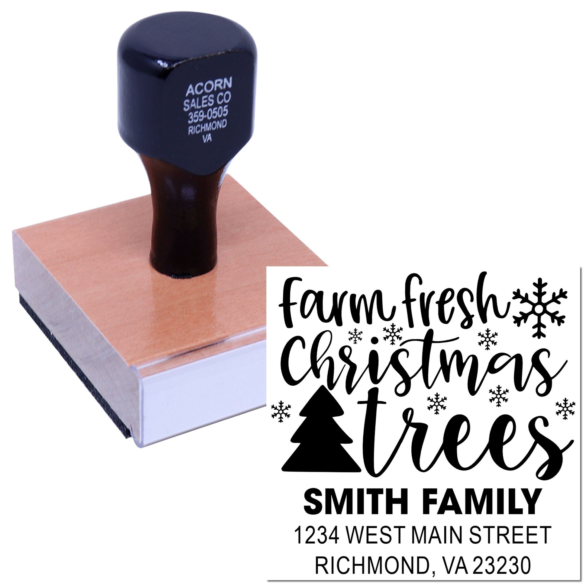Custom Christmas return address rubber stamp with farm fresh trees design for Smith family, Richmond, VA.
