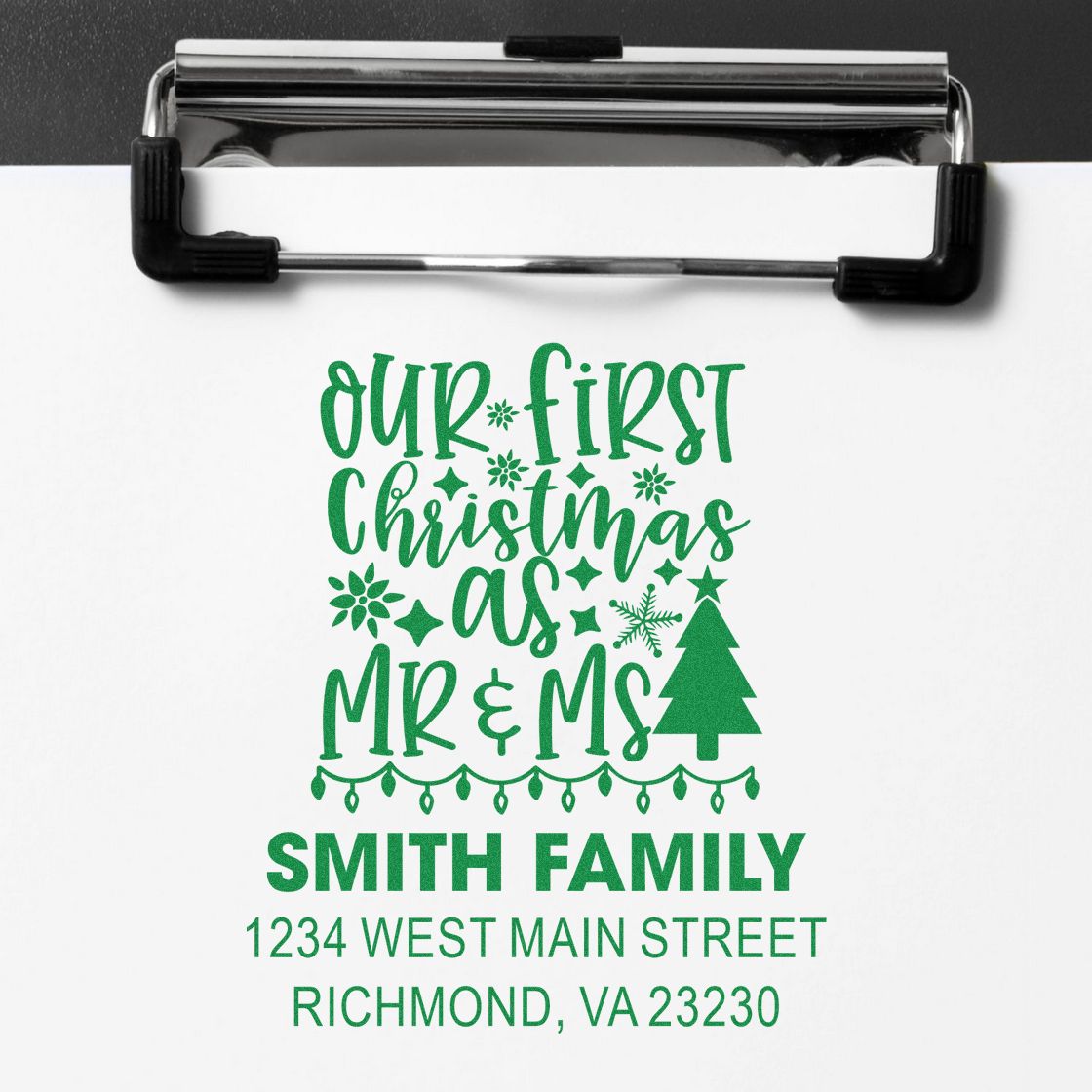 Personalized Christmas address stamp for holiday cards and envelopes, featuring Our First Christmas as Mr & Mrs and Smith family details.