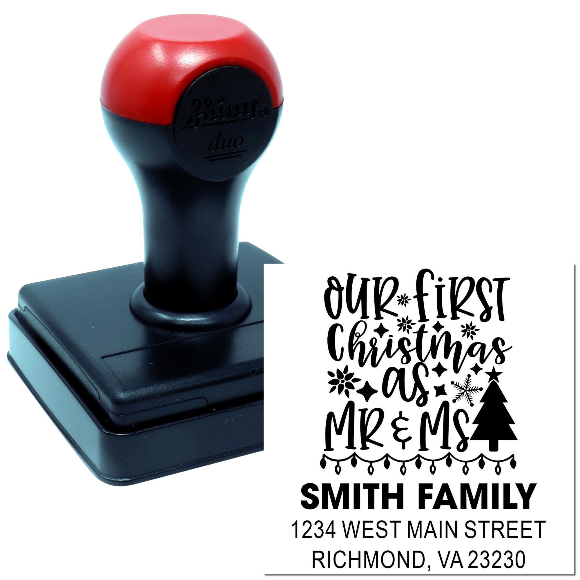 Custom self-inking rubber stamp for first Christmas as Mr. & Mrs., with family name and return address design.