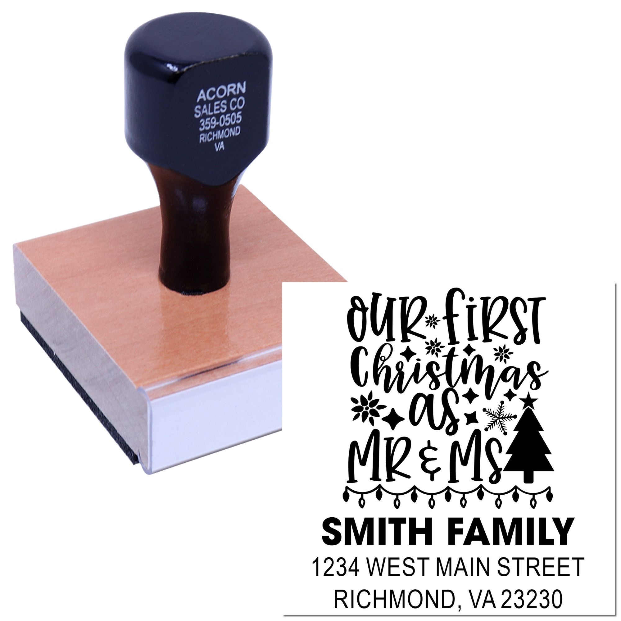 Custom Our First Christmas as Mr & Mrs address rubber stamp with family name, shown on a wood-mounted stamp.