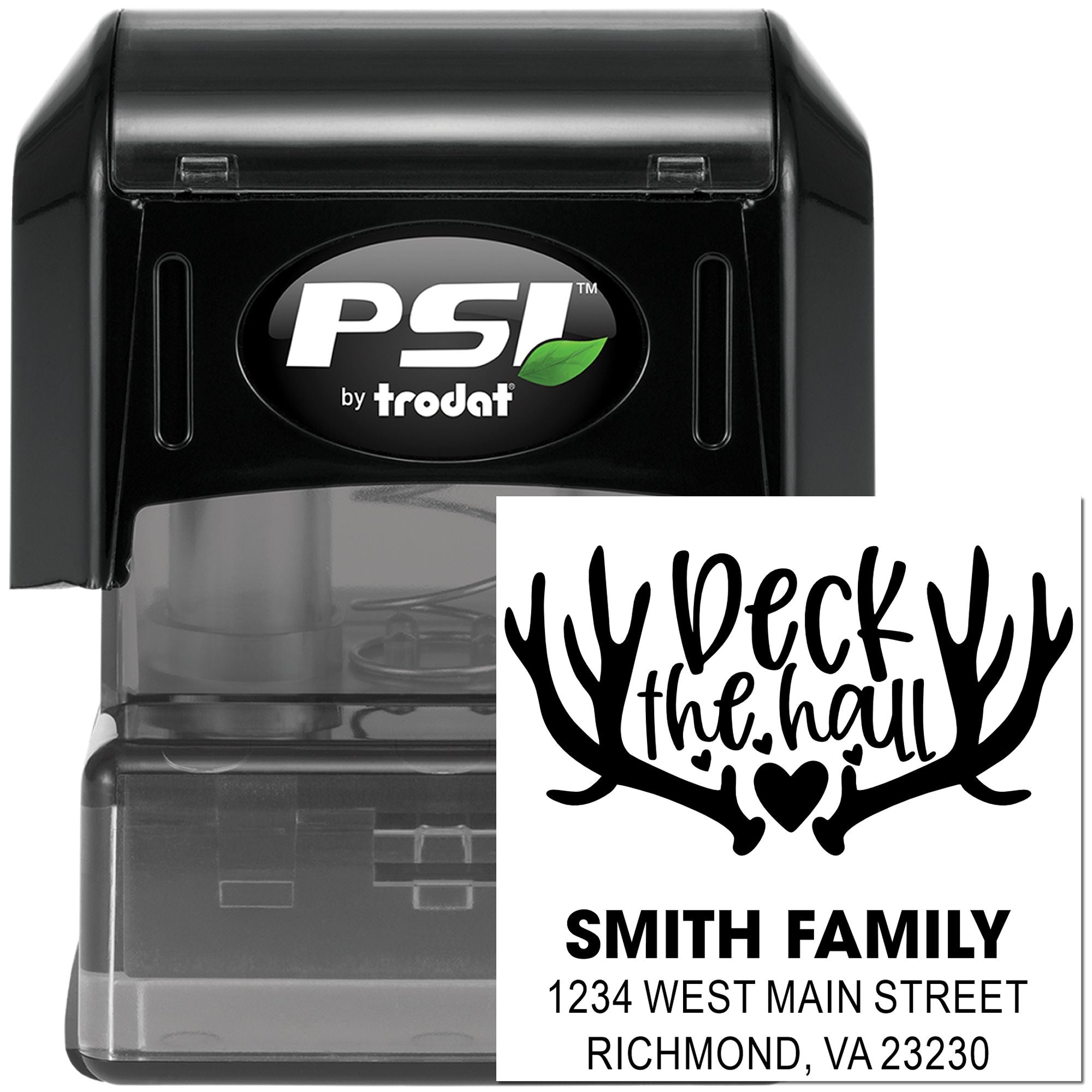 Custom self-inking rubber stamp by PSI by Trodat with Deck the Hall family return address design