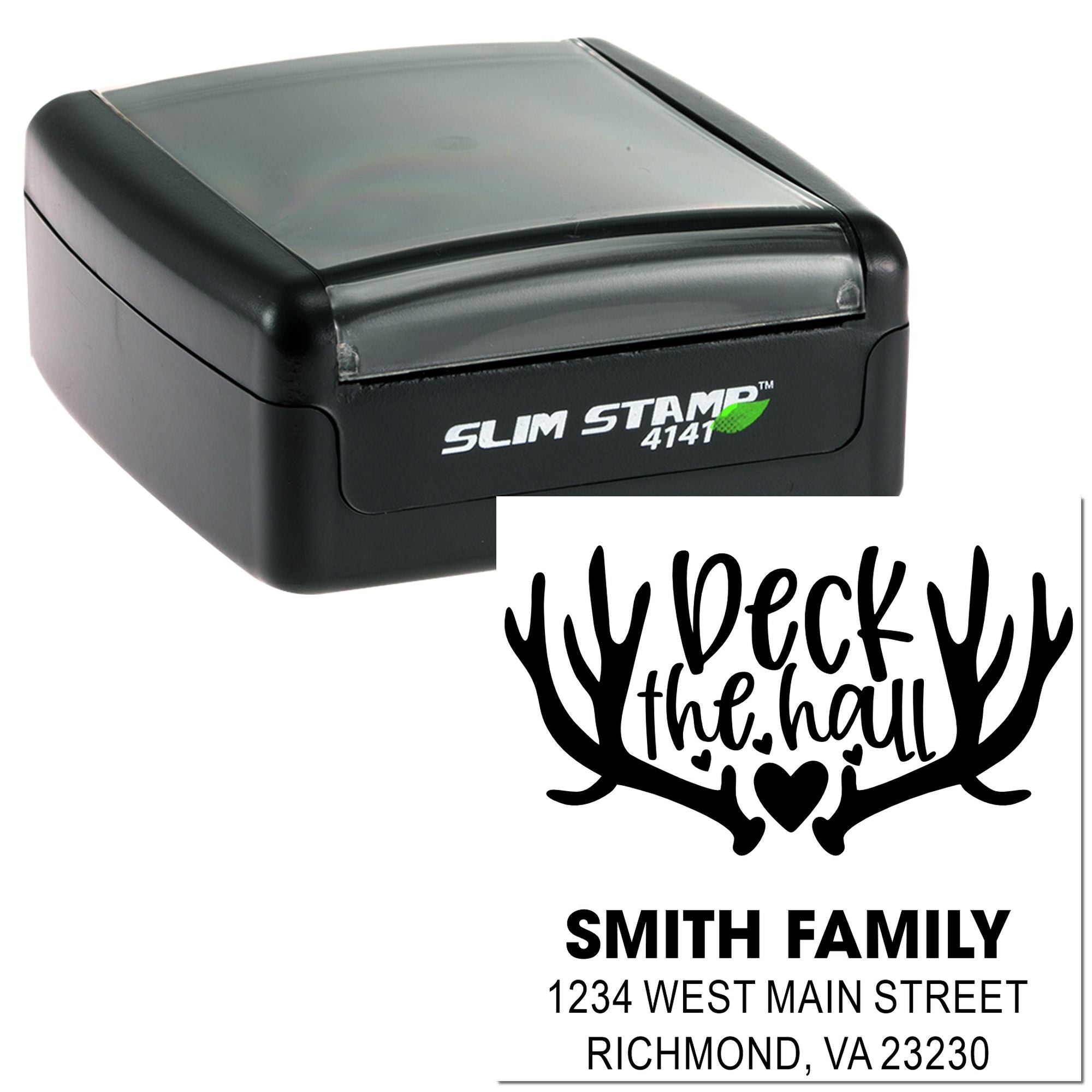 Slim self-inking custom return address rubber stamp with holiday antler design for personalized family mailings.