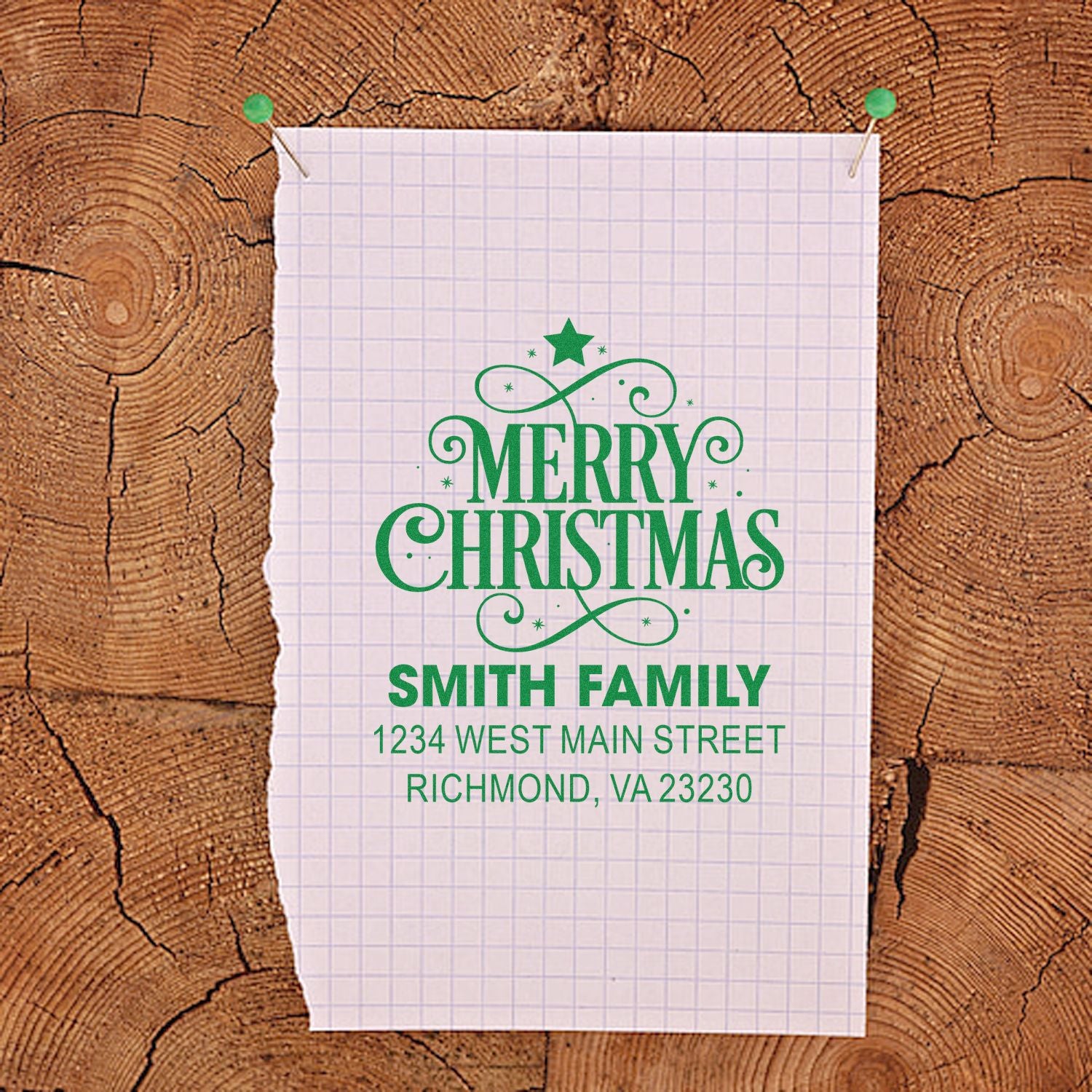 Personalized Merry Christmas address stamp design for the Smith Family holiday cards and festive stationery.