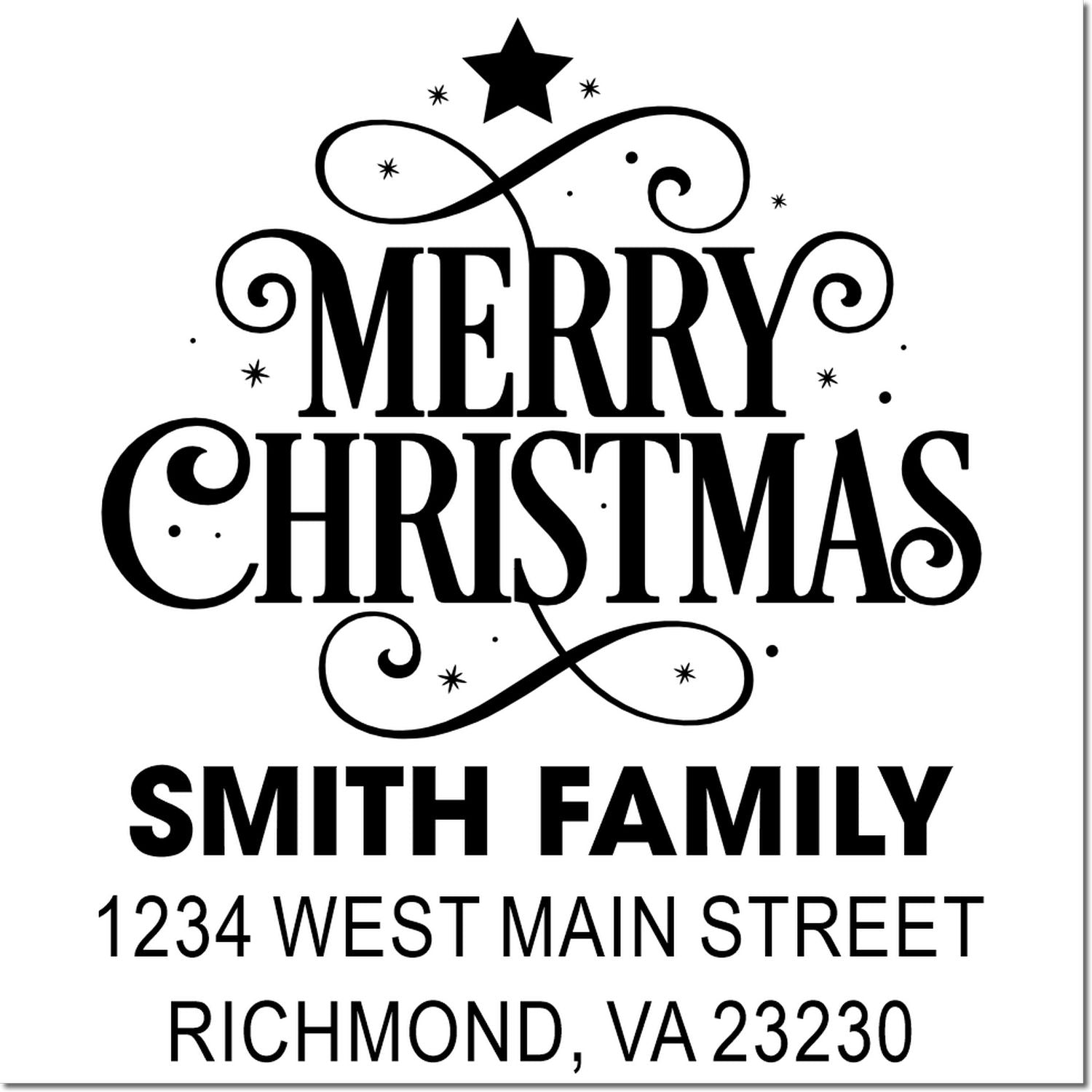 Decorative Merry Christmas rubber stamp with Smith family name and Richmond, VA return address.