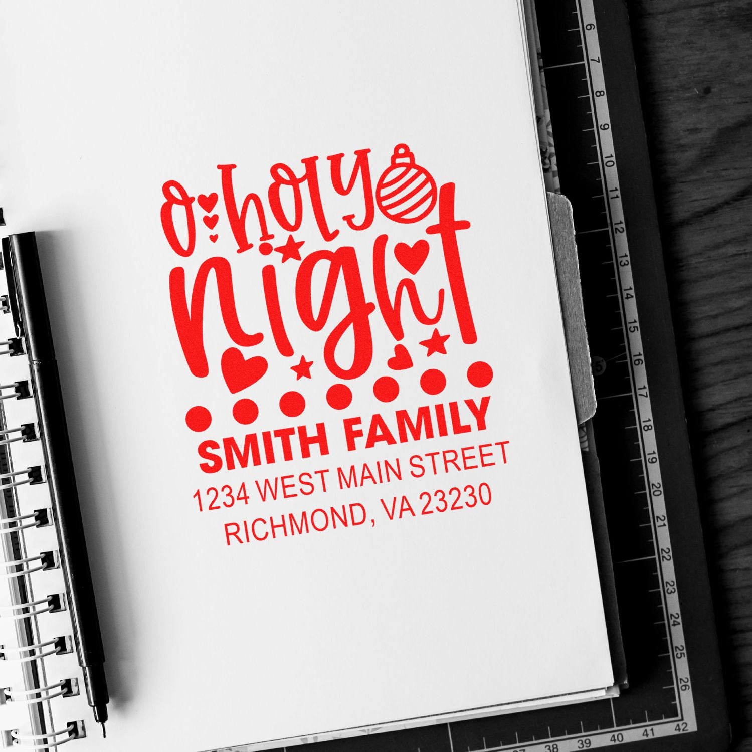 Personalized Christmas rubber stamp with Oh Holy Night design, family name, and address for holiday cards and envelopes.
