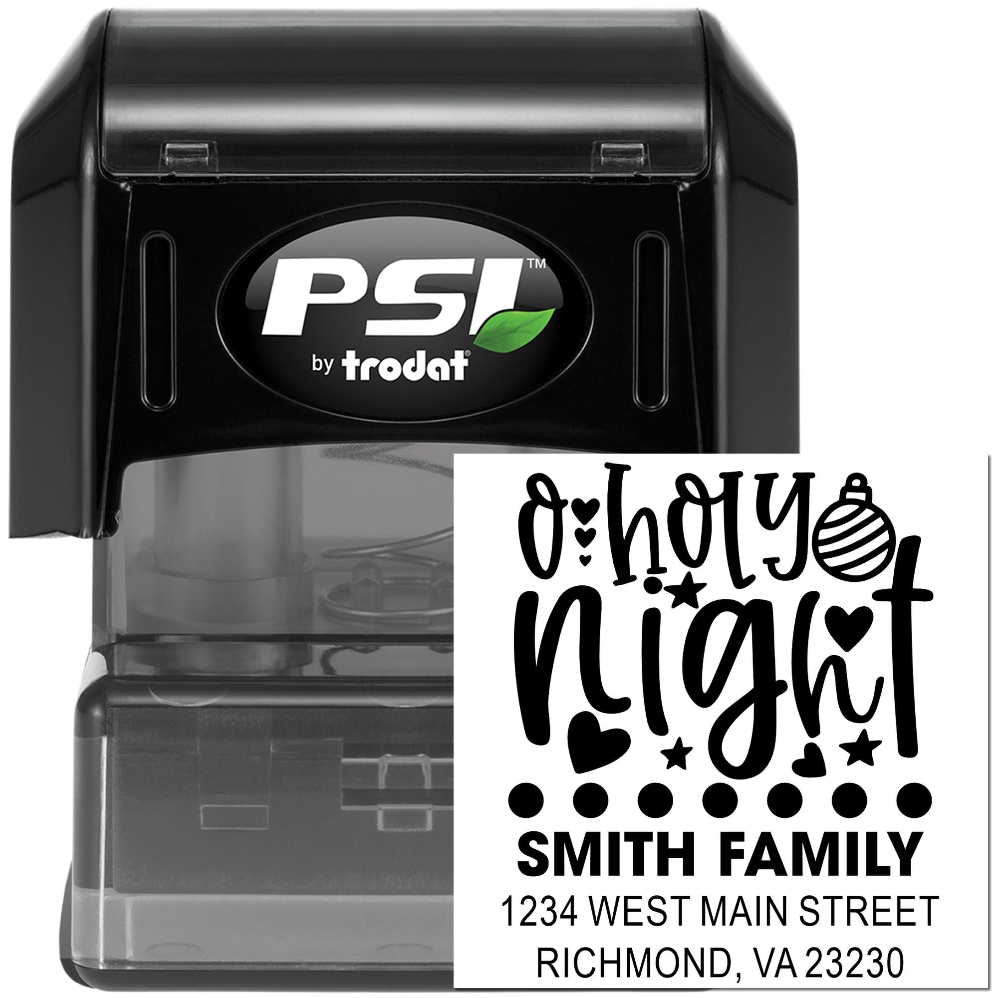 Personalized self-inking rubber stamp by PSI by Trodat with Oh Holy Night return address design for holiday cards
